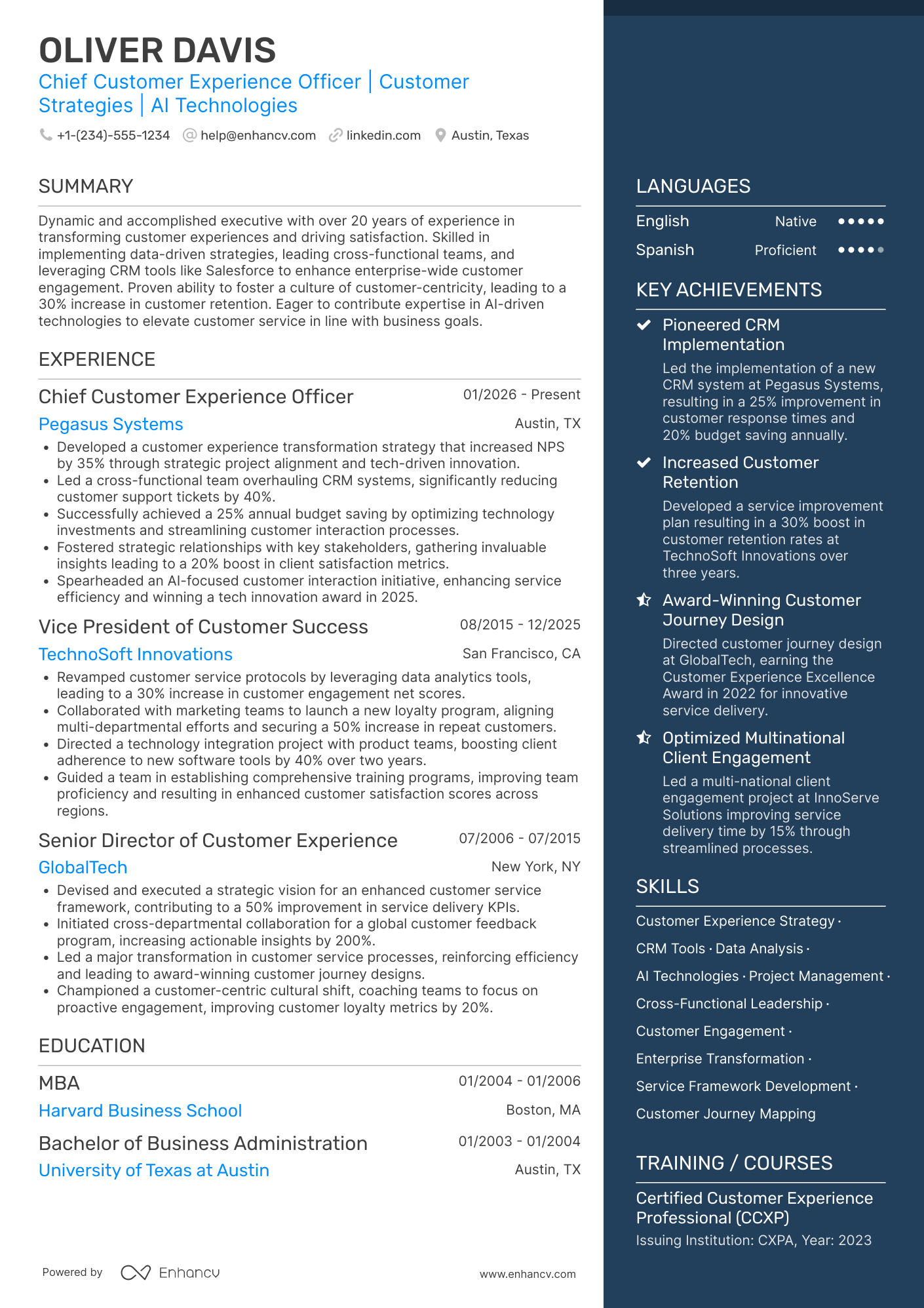 A resume example of a Chief Customer Experience Officer