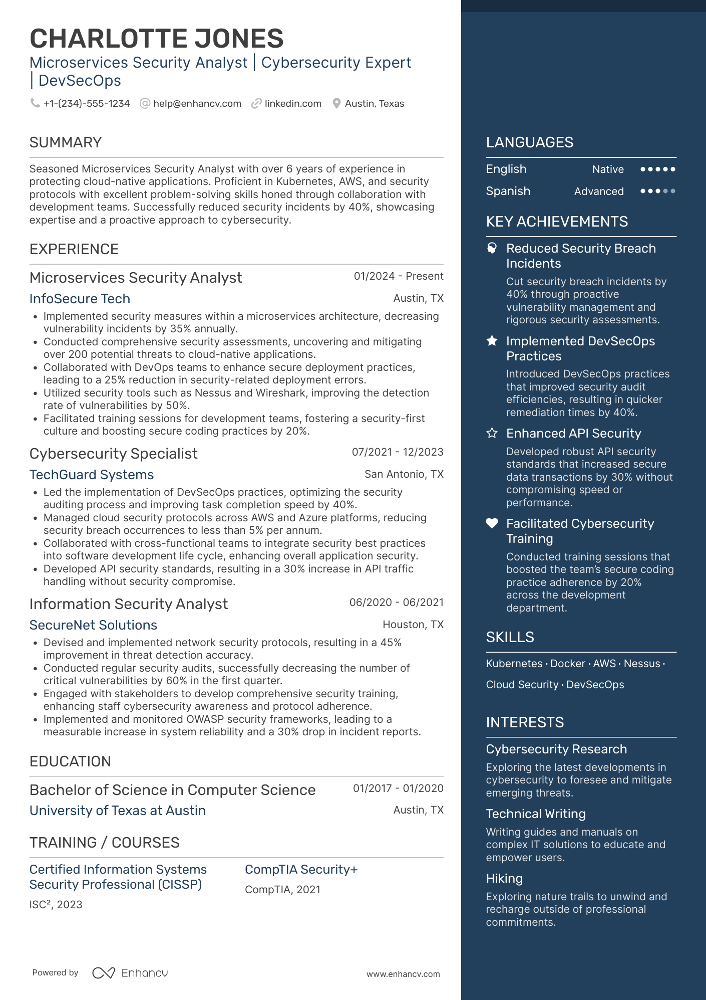 A resume example of a Microservices Security Analyst