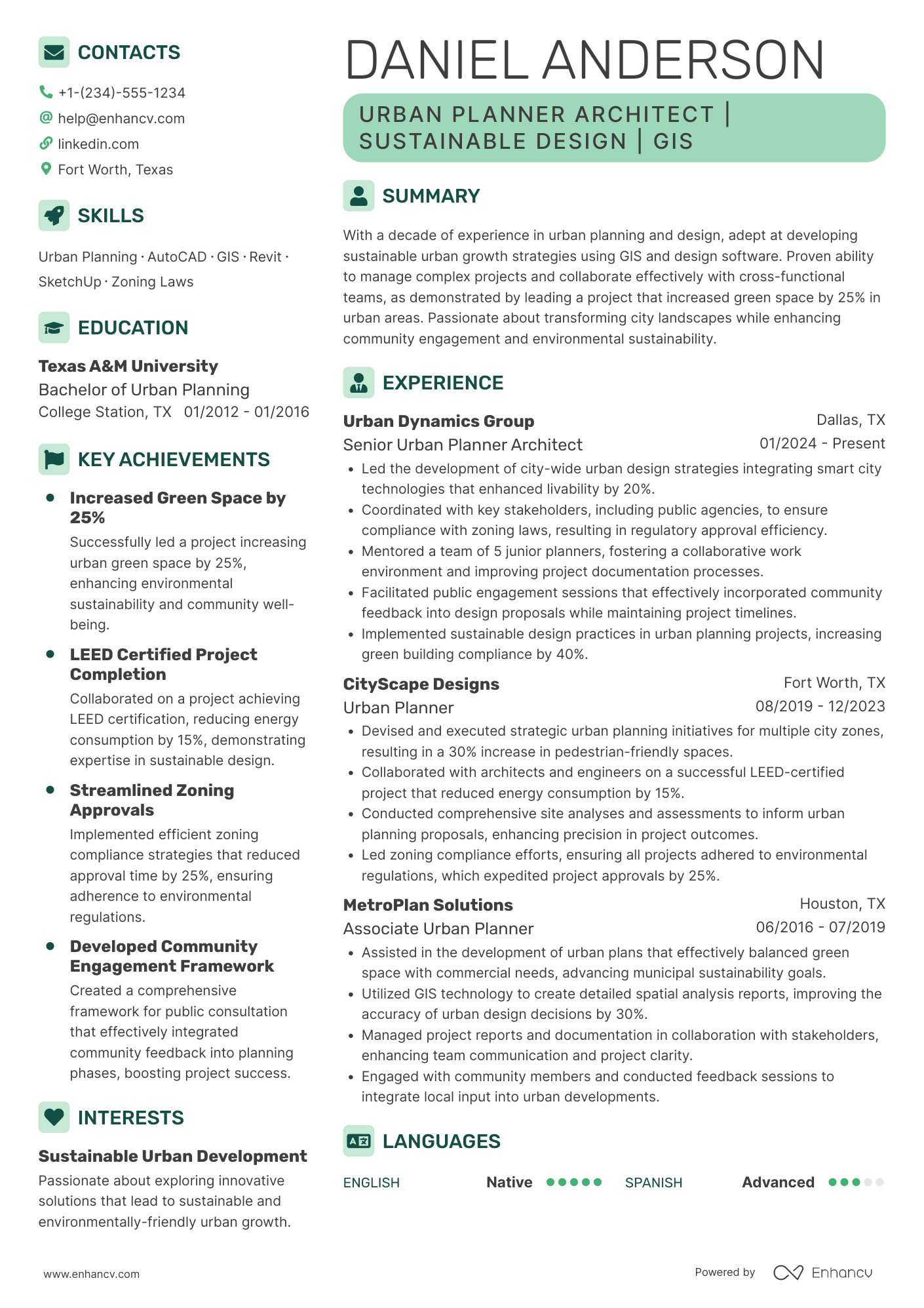 A resume example of a Urban Planner Architect