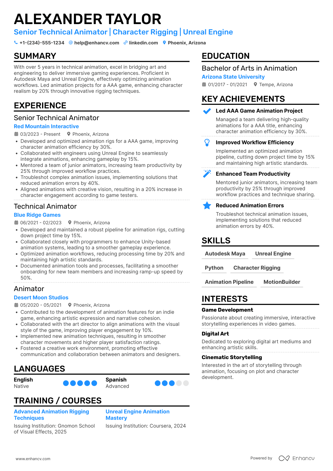 A resume example of a Senior Technical Animator