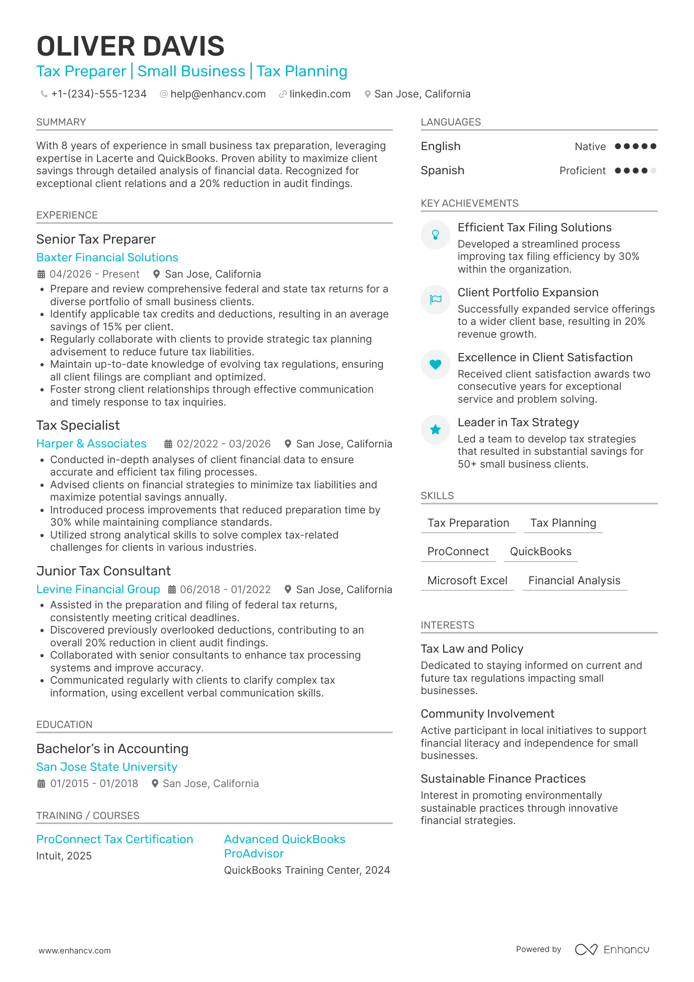 A resume example of a Small Business Tax Preparer