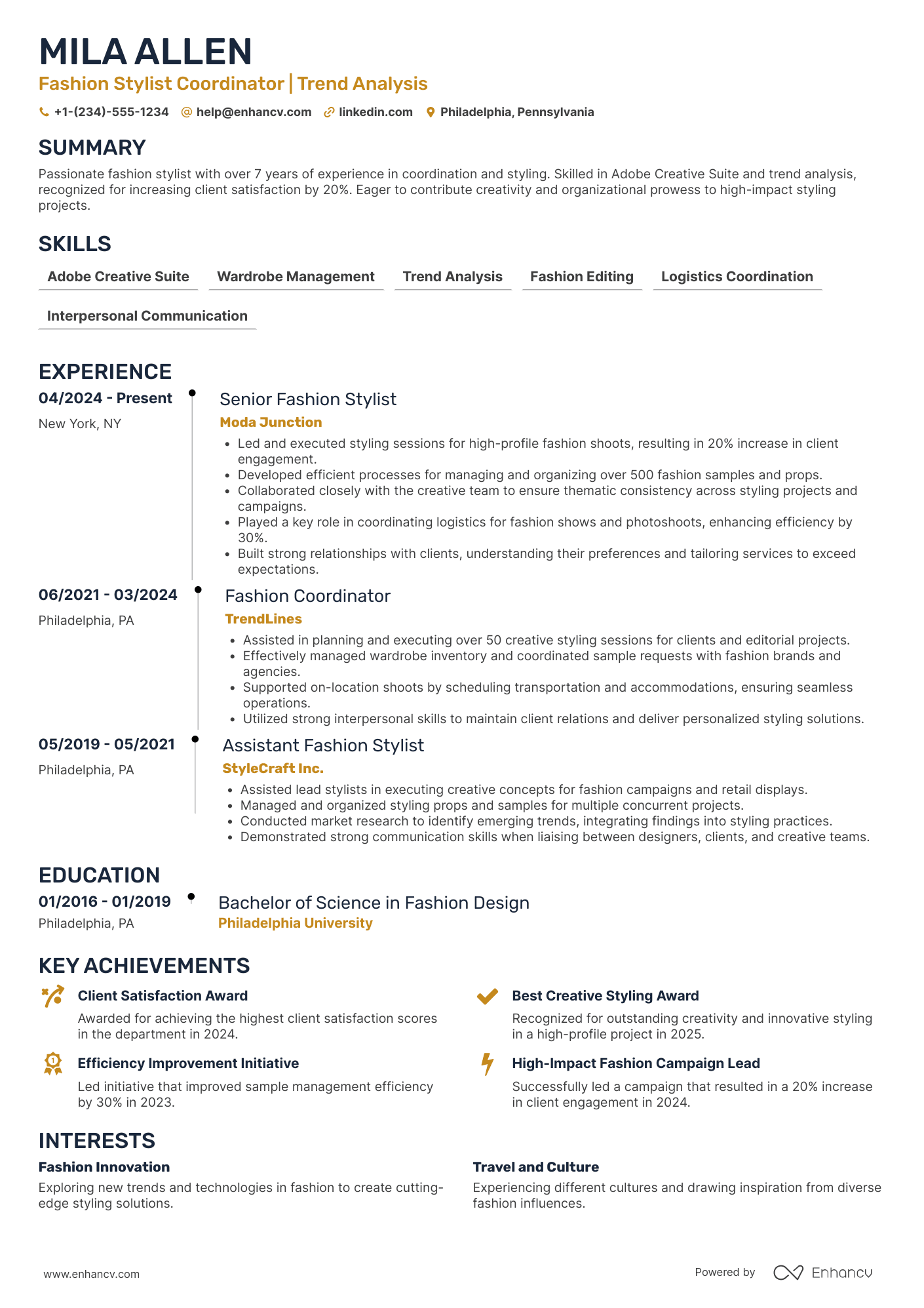 A resume example of a Fashion Stylist Coordinator