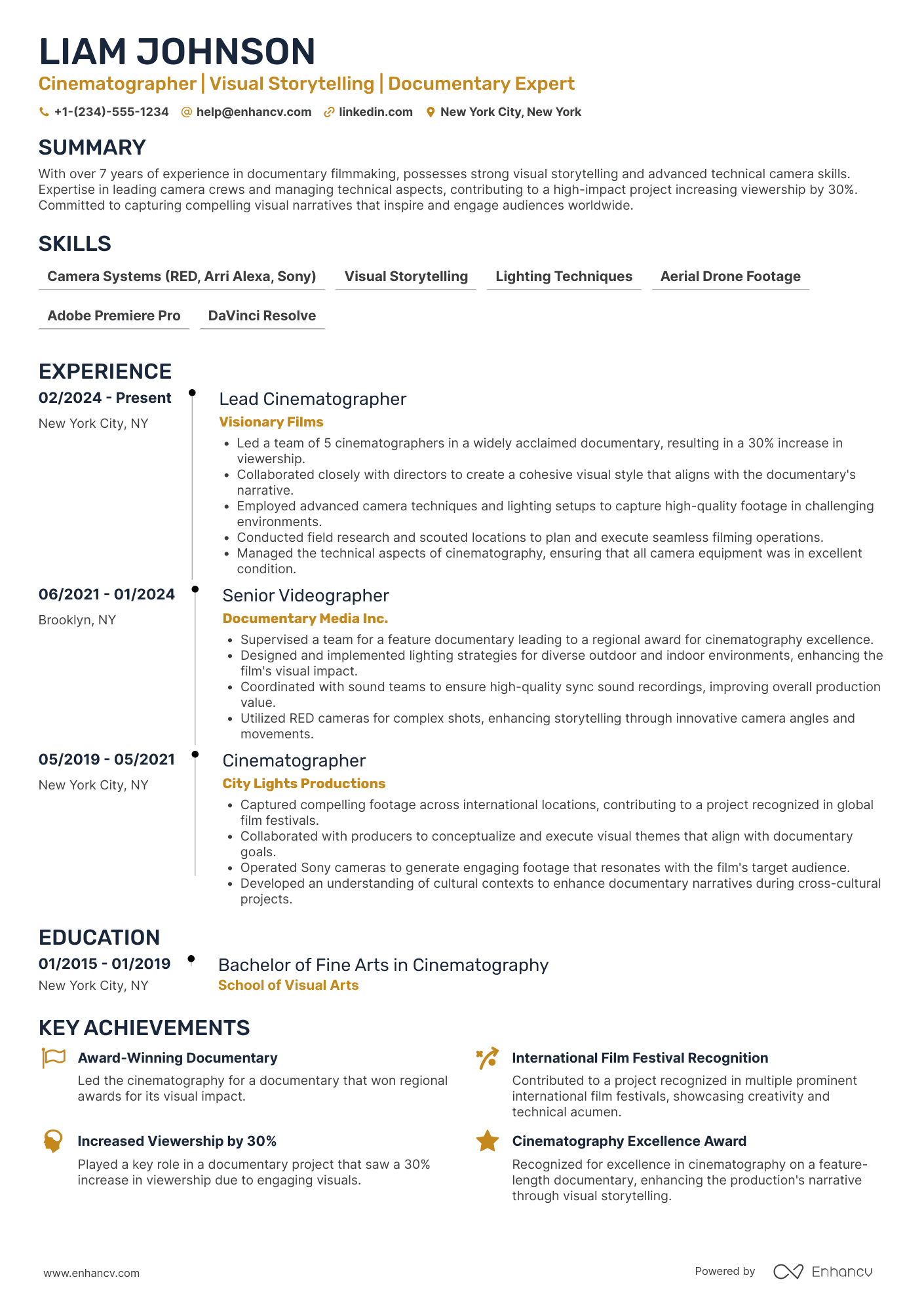 A resume example of a Documentary Cinematographer