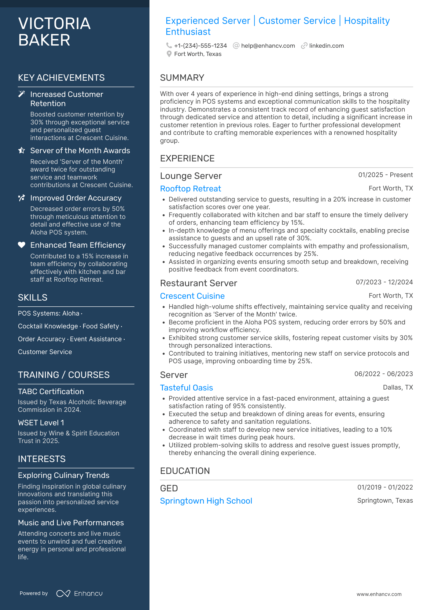 A resume example of a Lounge Server