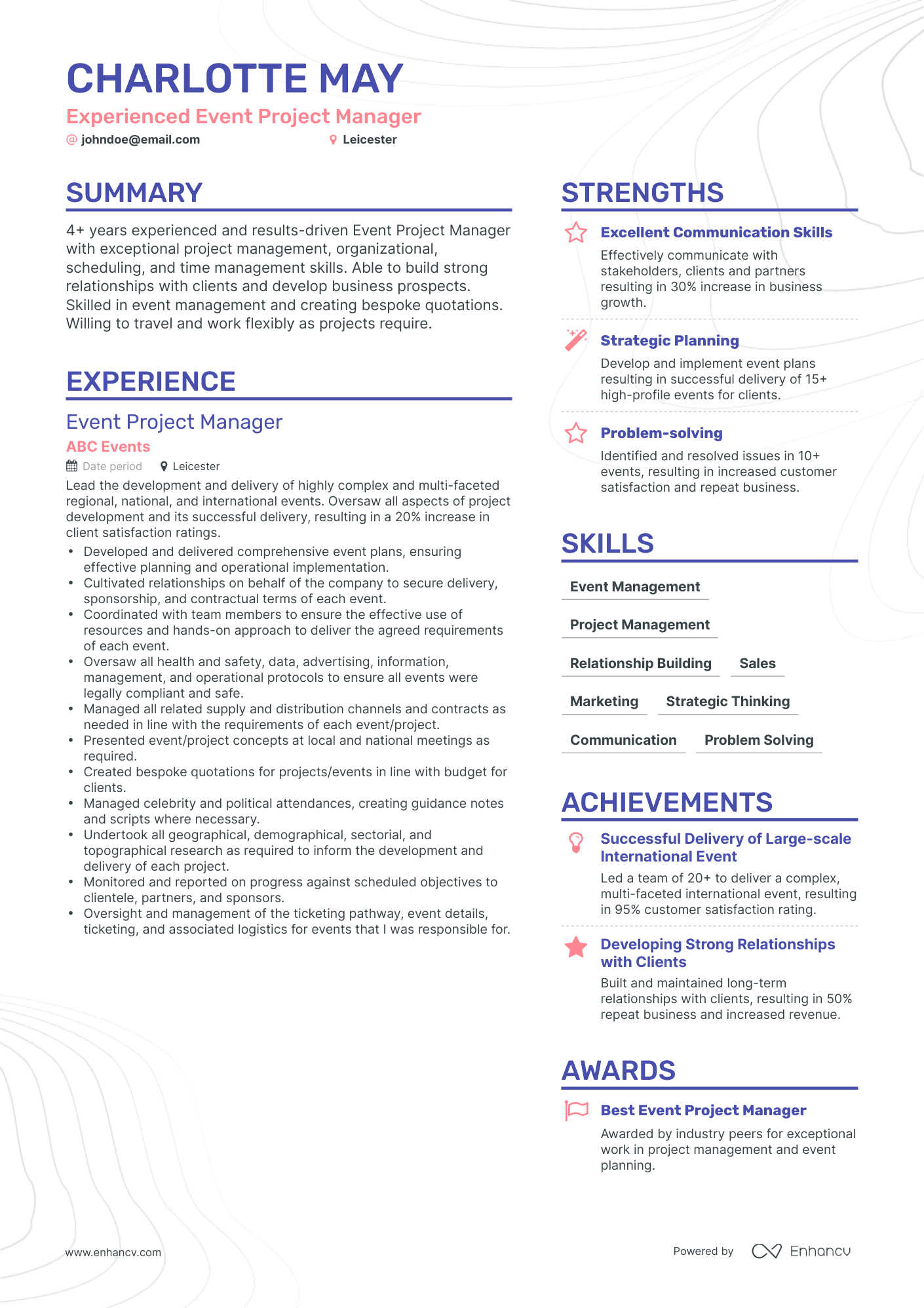 Simple Event Project Manager Resume Template