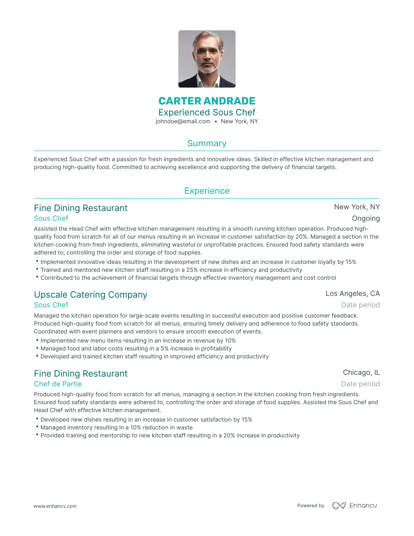 Traditional Sous Chef Resume Template