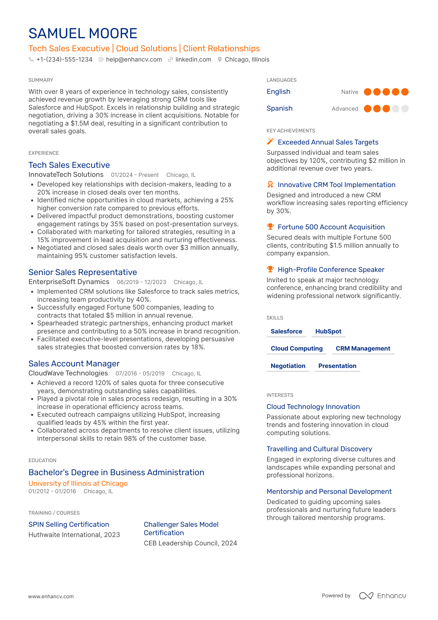 A resume example of a Tech Sales Executive