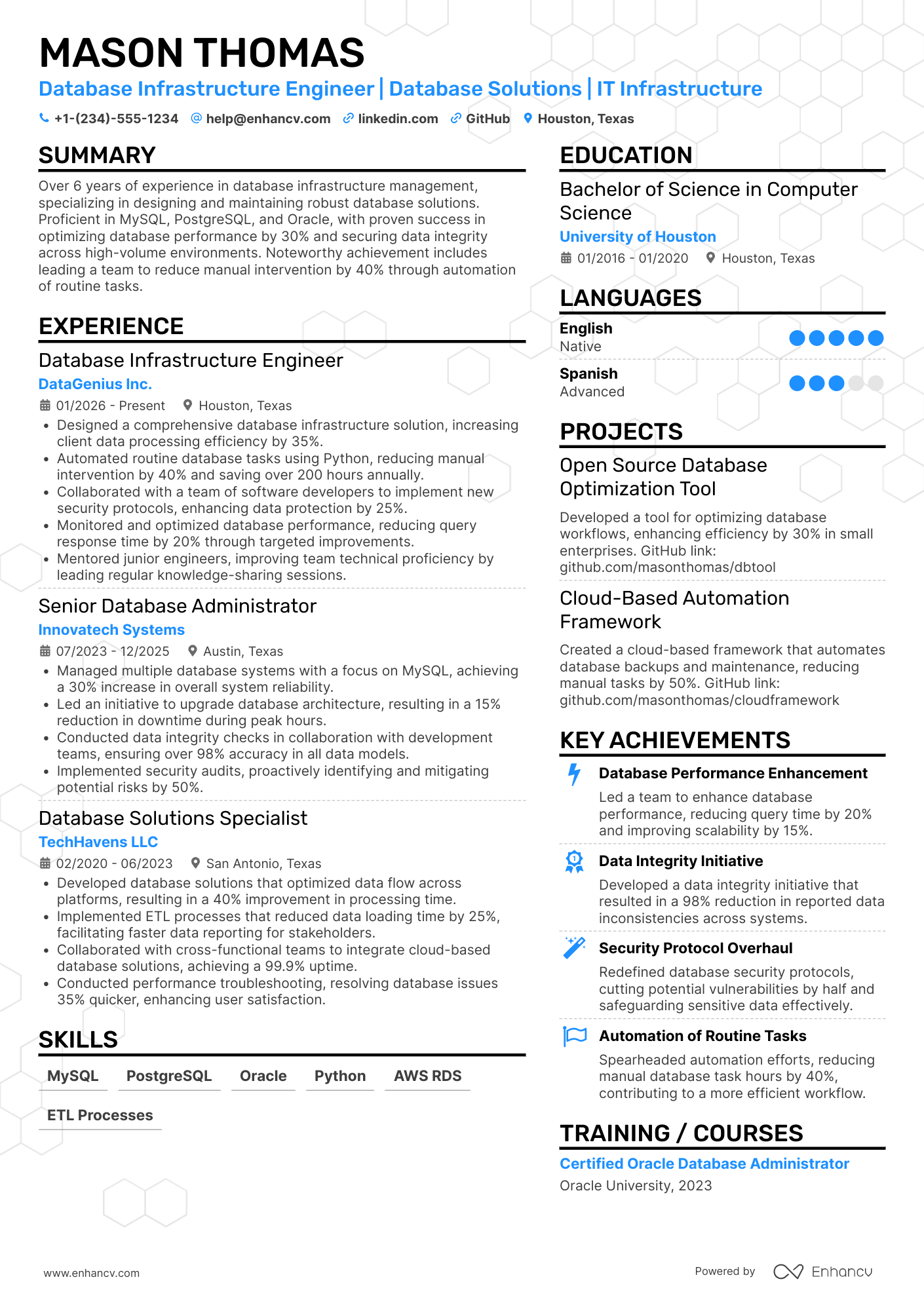 A resume example of a Database Infrastructure Engineer