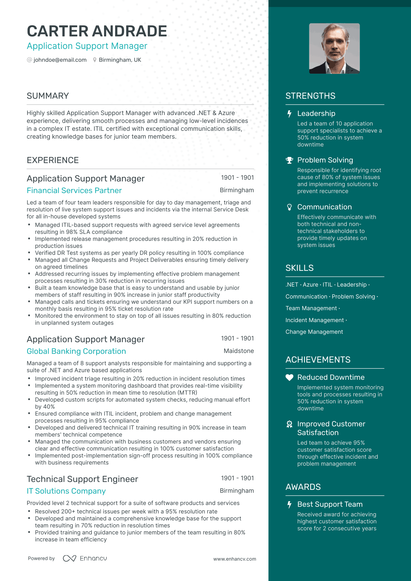 One Page Application Support Manager Resume Template
