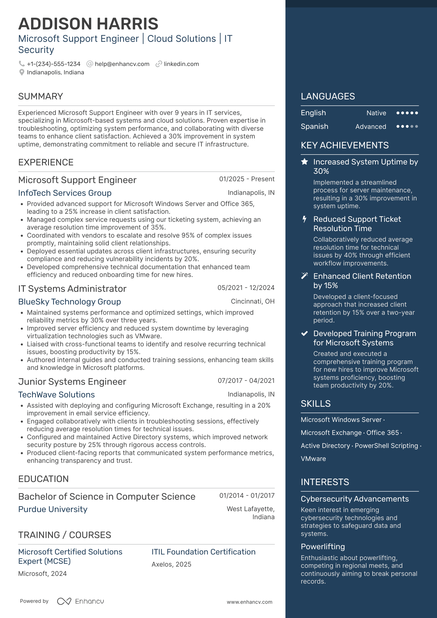 A resume example of a Microsoft Support Engineer