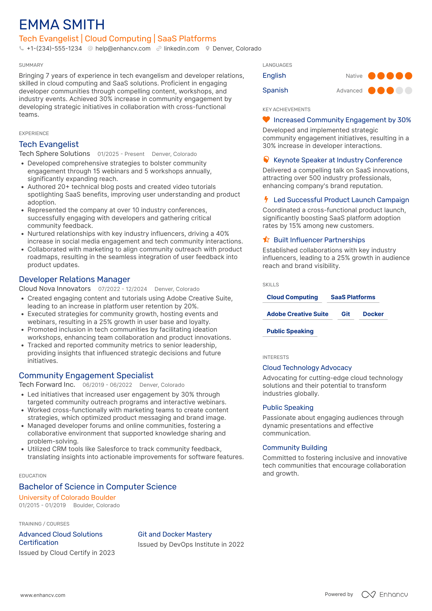 A resume example of a Tech Evangelist
