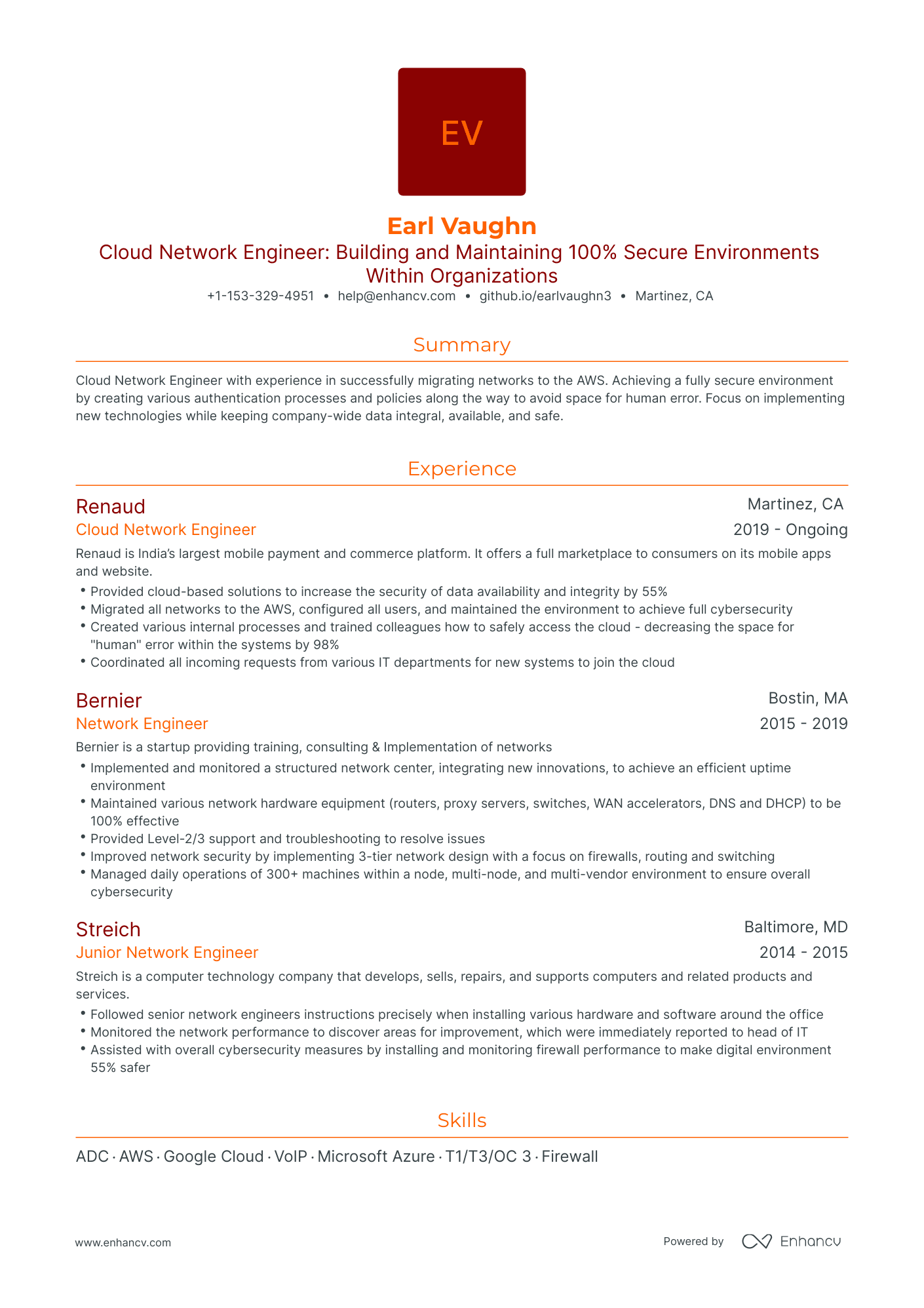 Traditional Cloud Network Engineer Resume Template