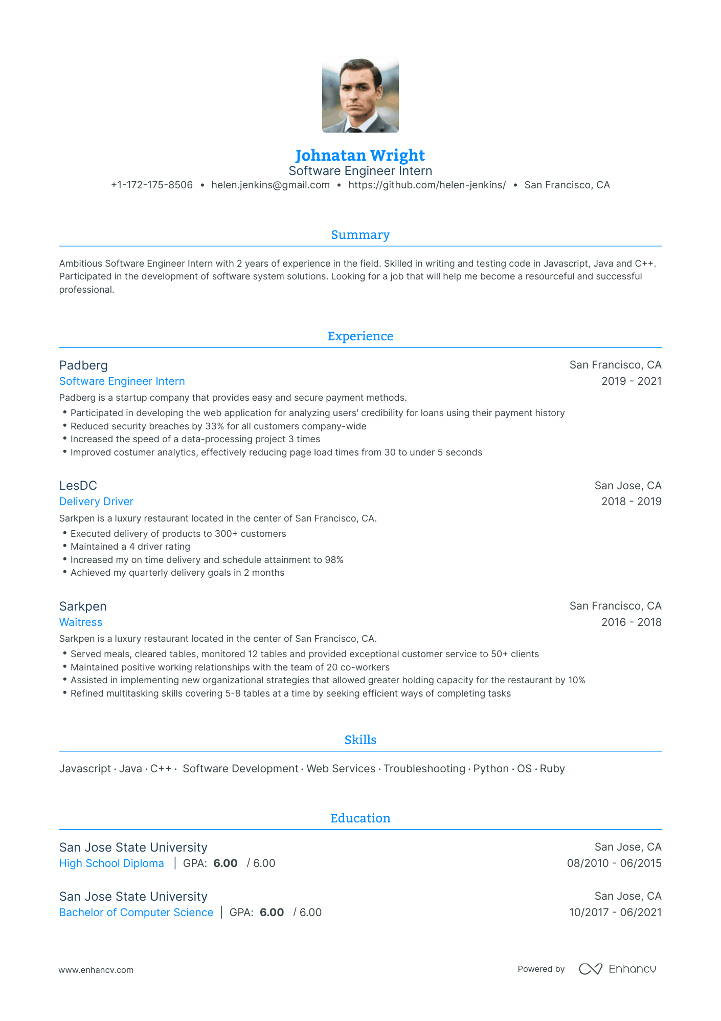 Traditional Software Engineer Intern Resume Template
