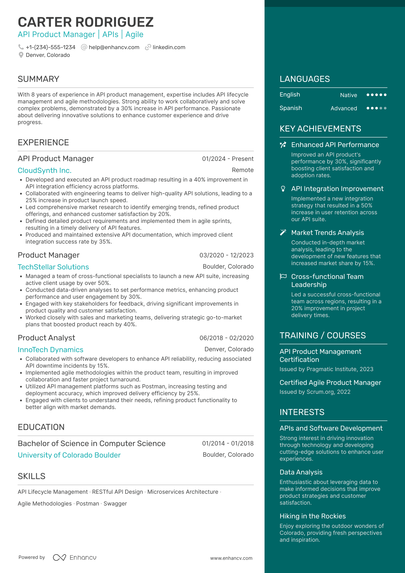 A resume example of a Api Product Manager