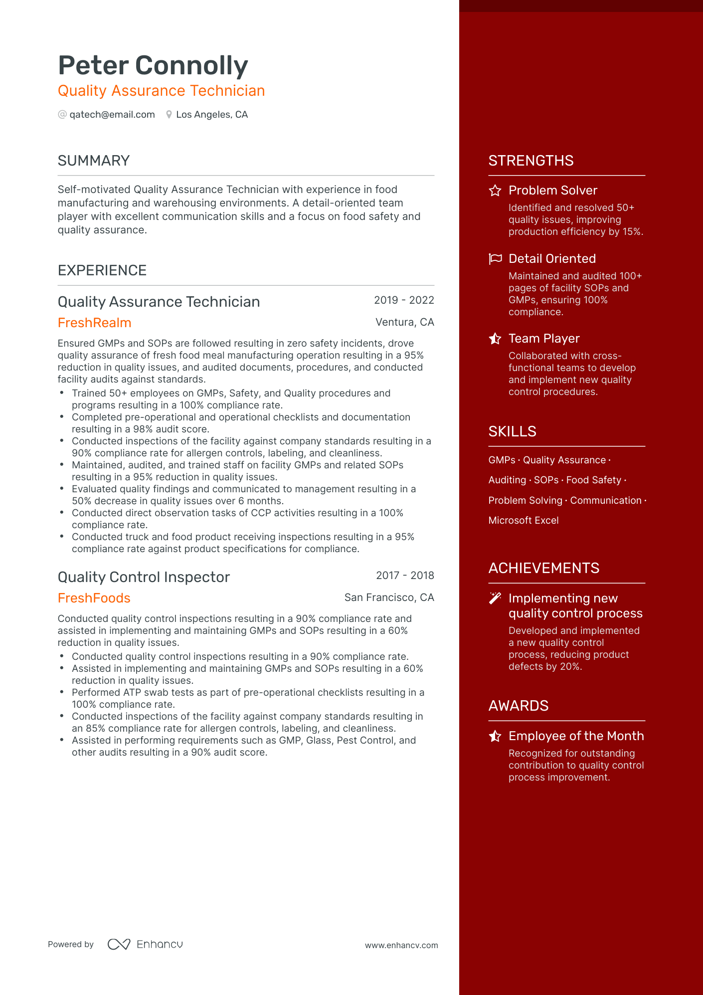 One Page Quality Assurance Technician Resume Template