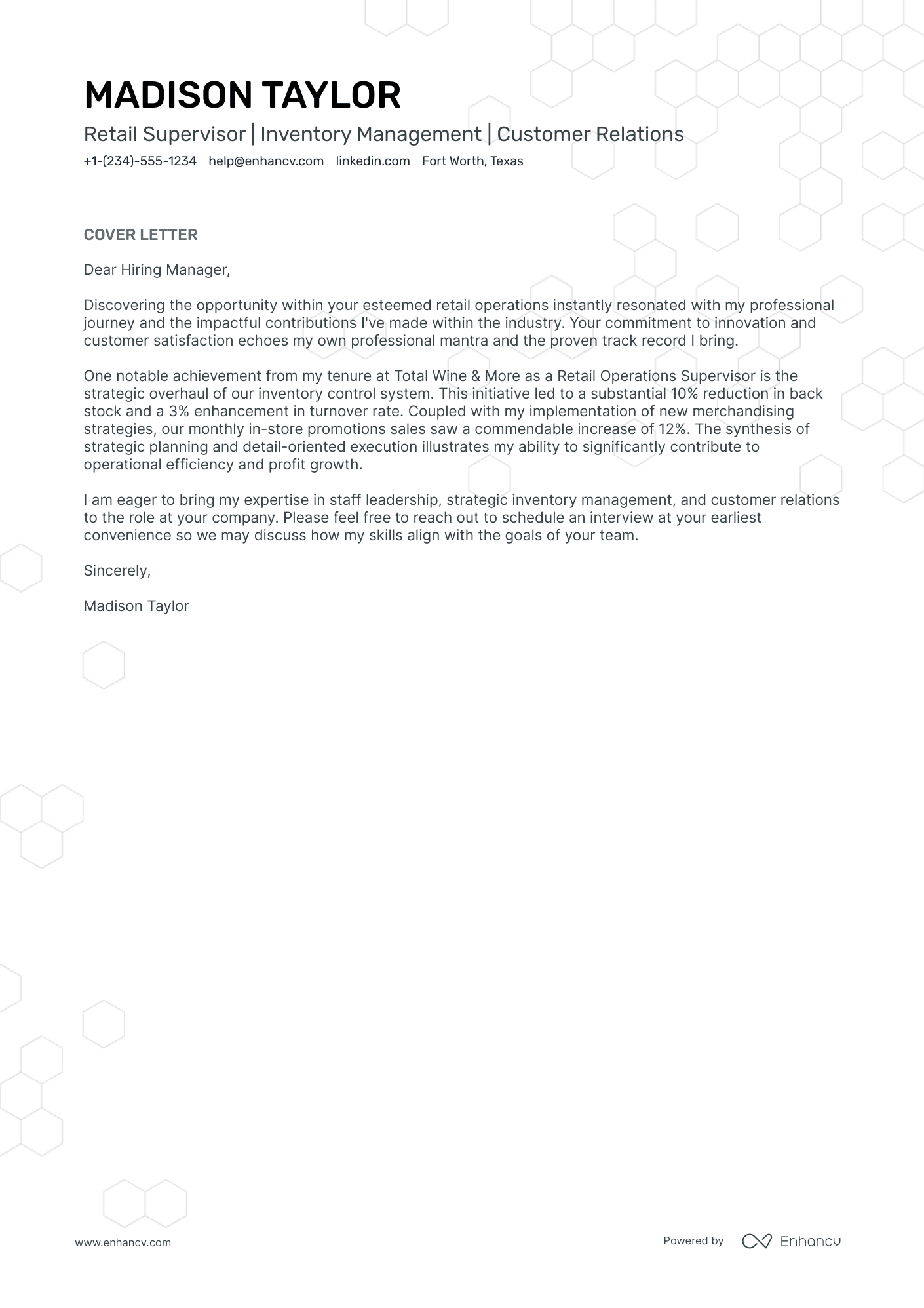 cover letter sample for retail store manager