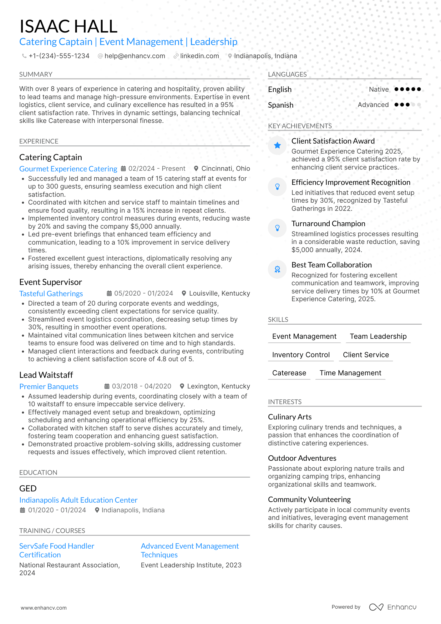 A resume example of a Catering Captain