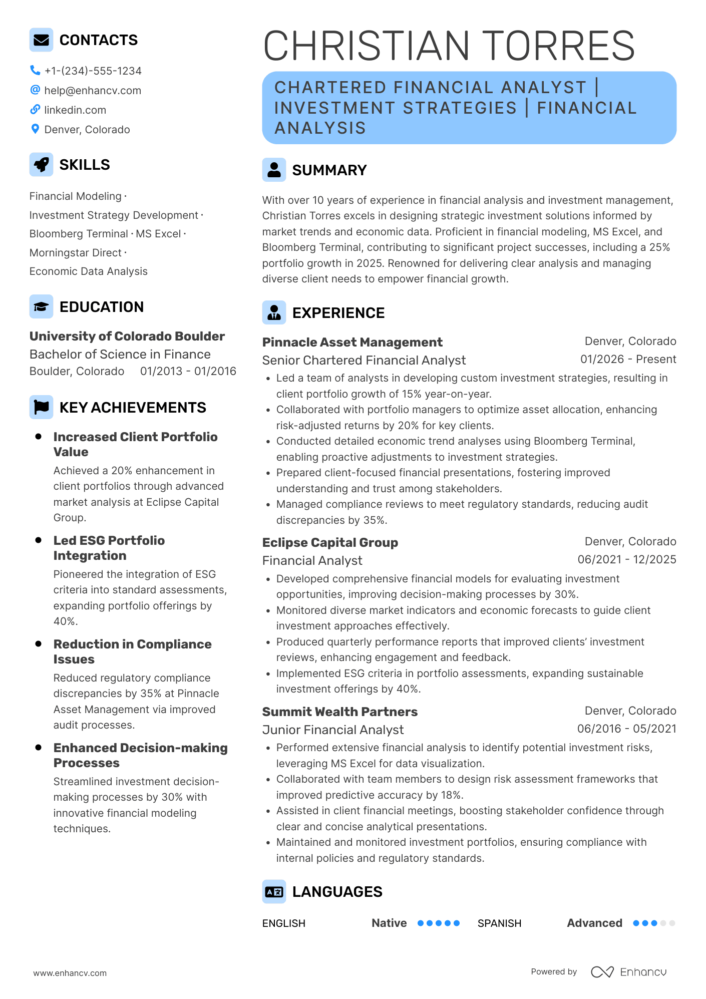 A resume example of a Chartered Financial Analyst