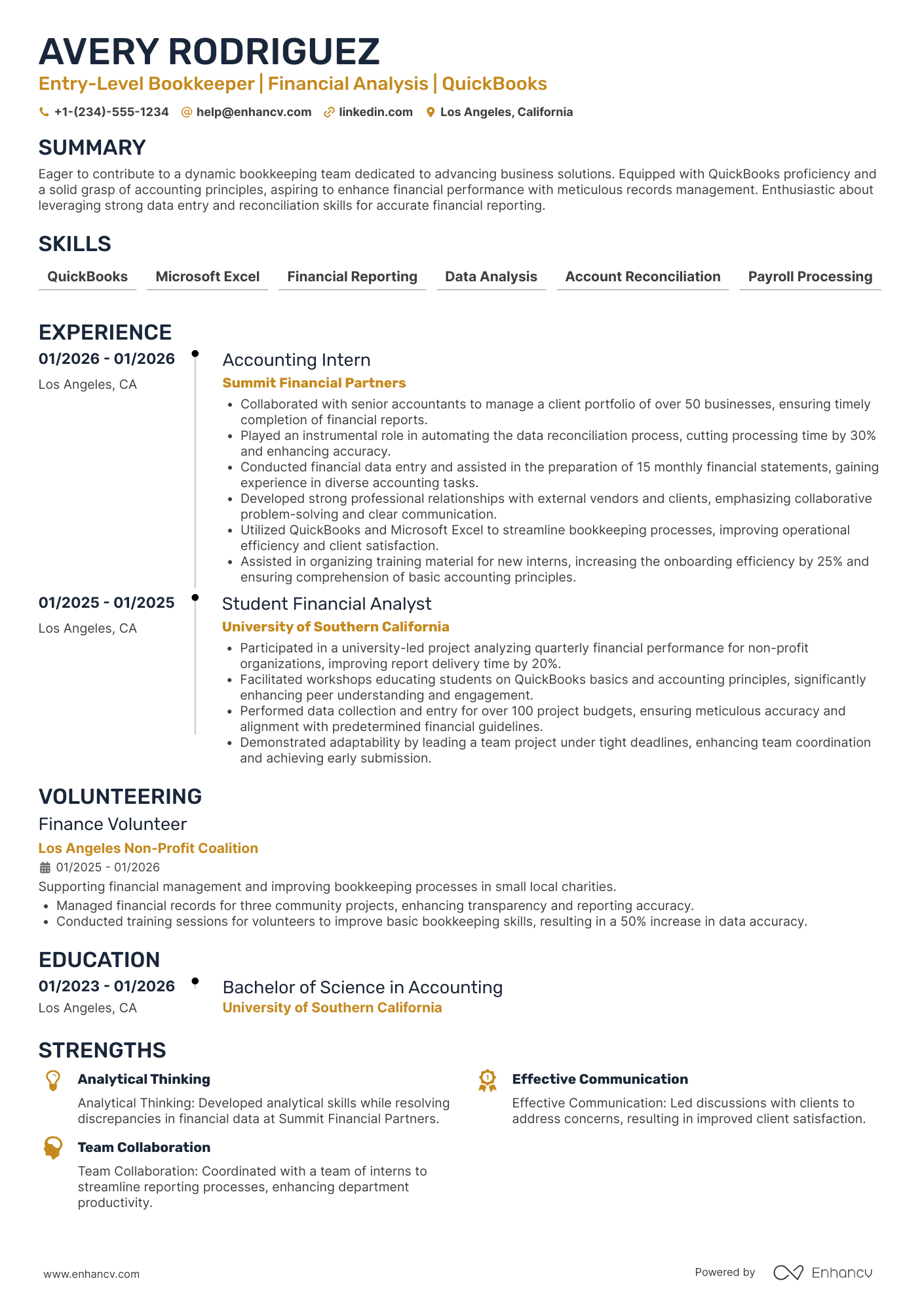 A resume example of a Entry Level Bookkeeper
