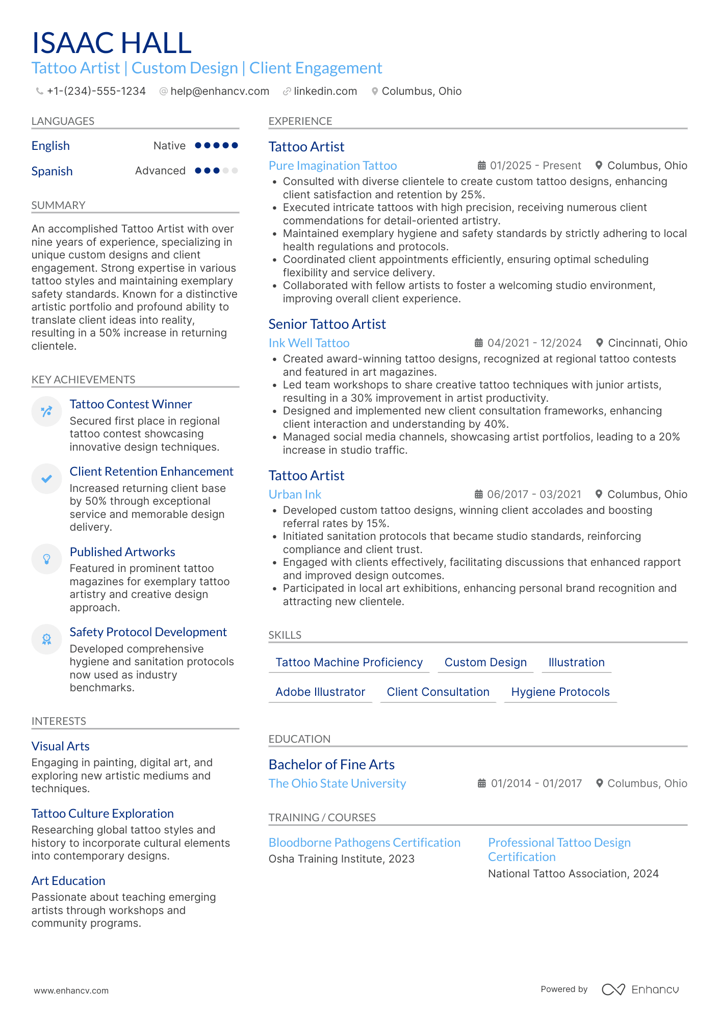 A resume example of a Tattoo Artist