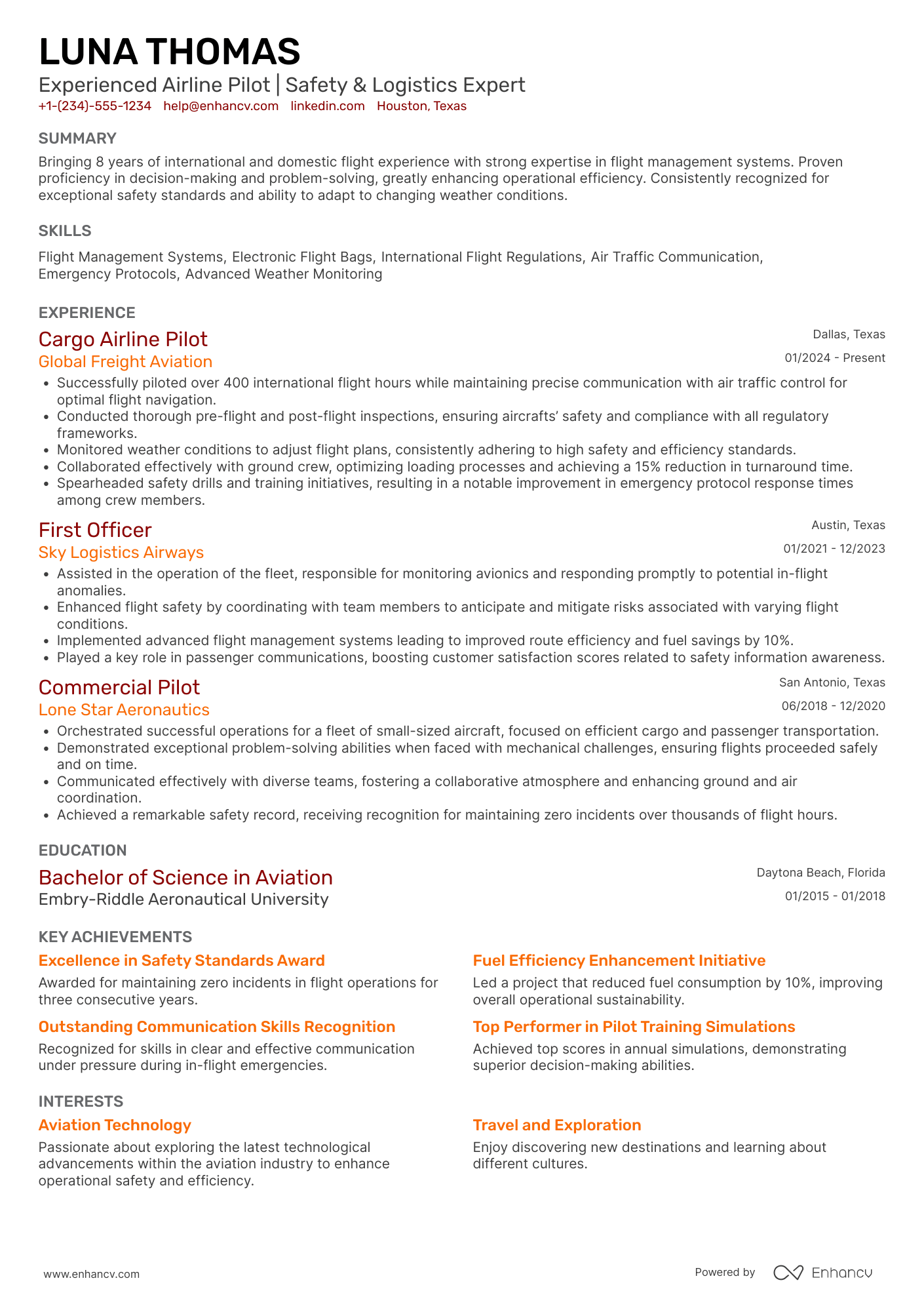 A resume example of a Cargo Airline Pilot
