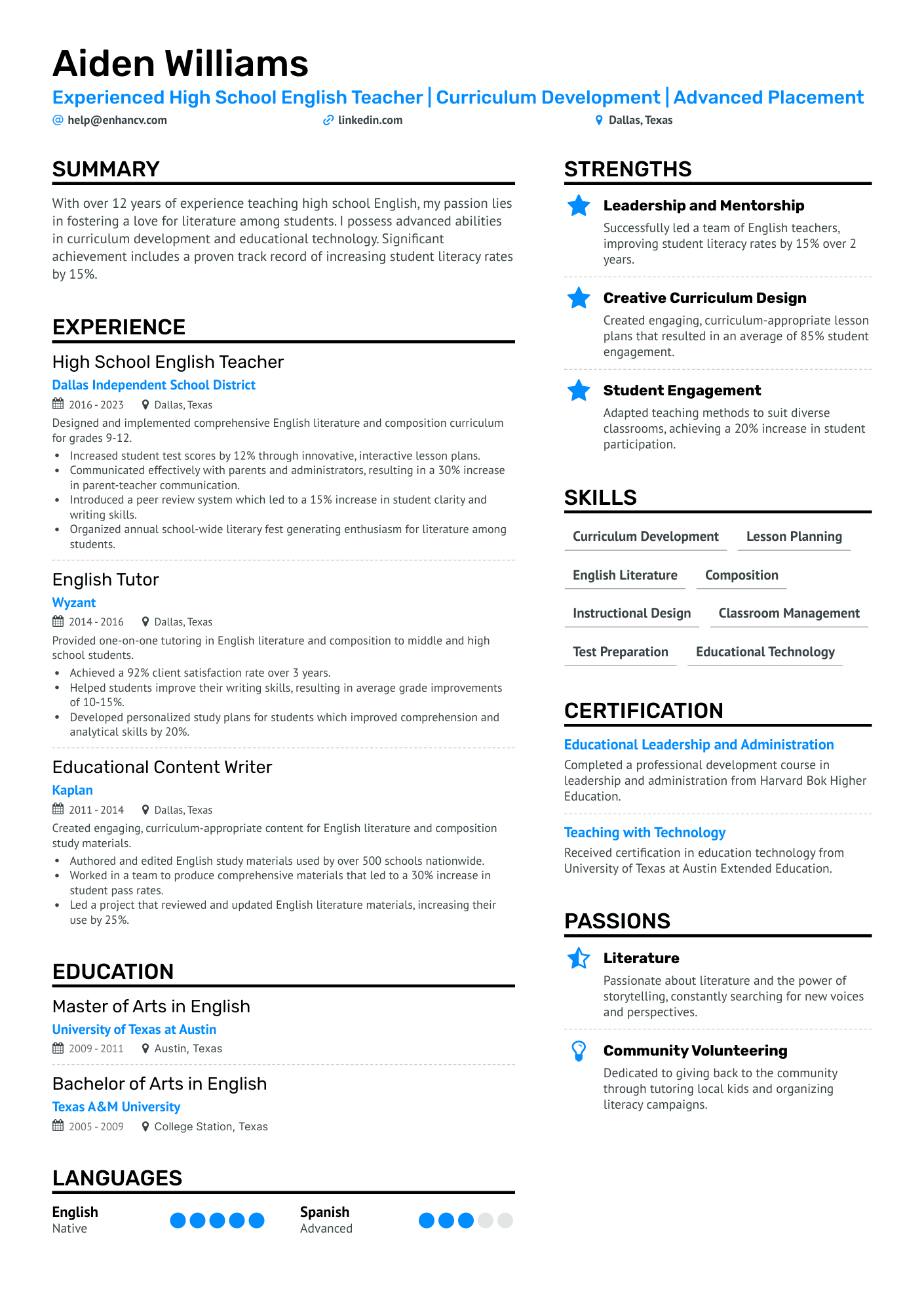 resume for post of english teacher