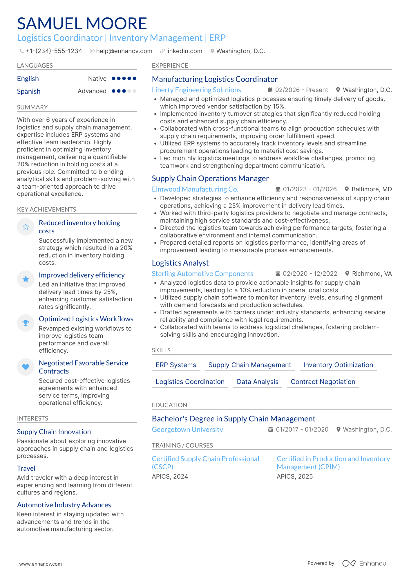 A resume example of a Manufacturing Logistics Coordinator