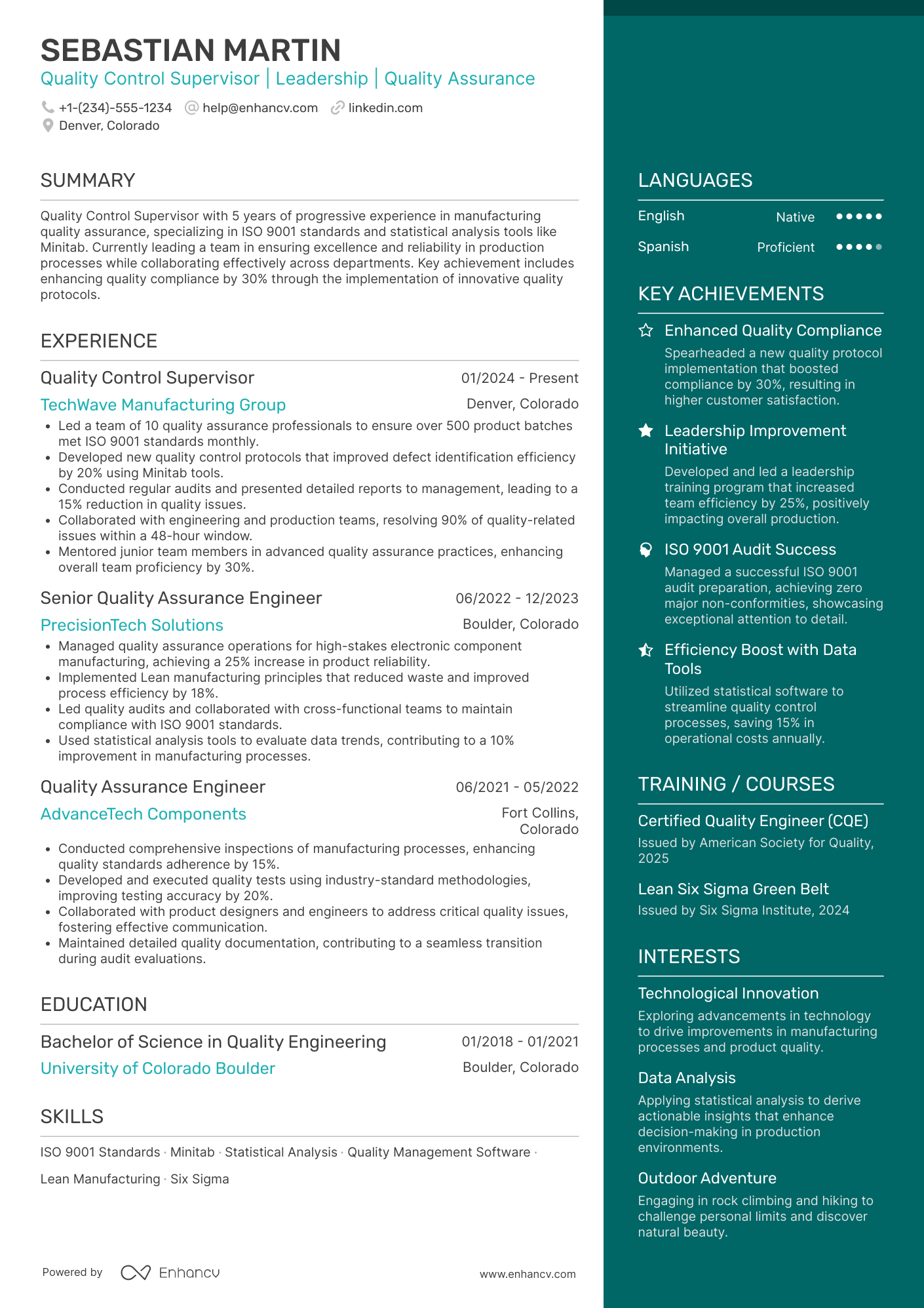 A resume example of a Quality Control Supervisor