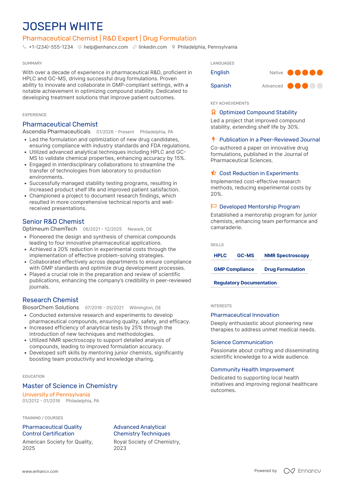 A resume example of a Pharmaceutical Chemist