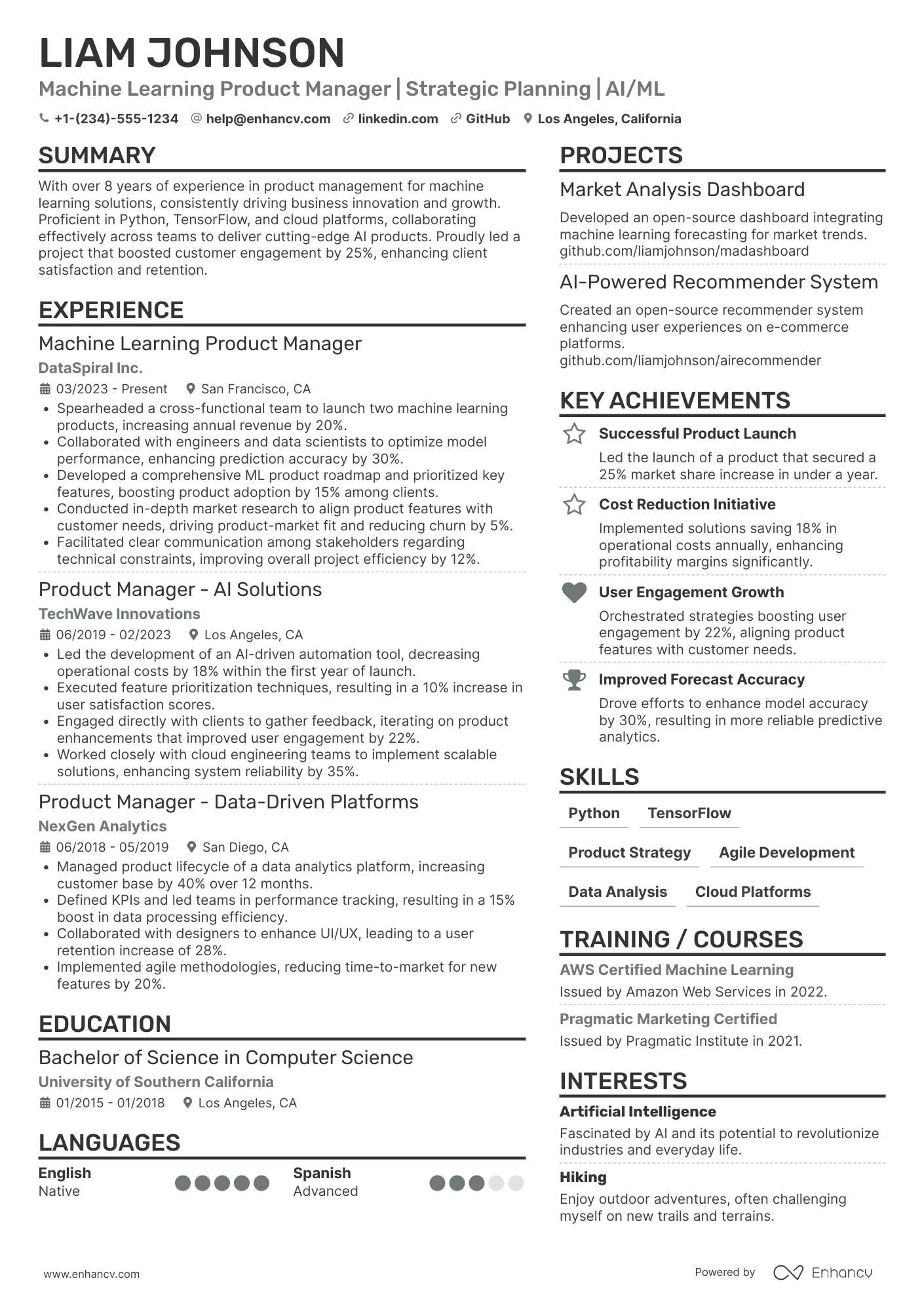 A resume example of a Machine Learning Product Manager