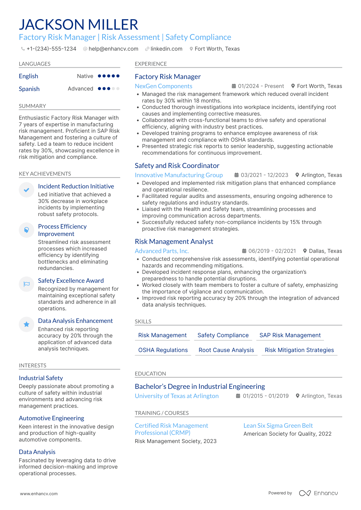 A resume example of a Factory Risk Manager
