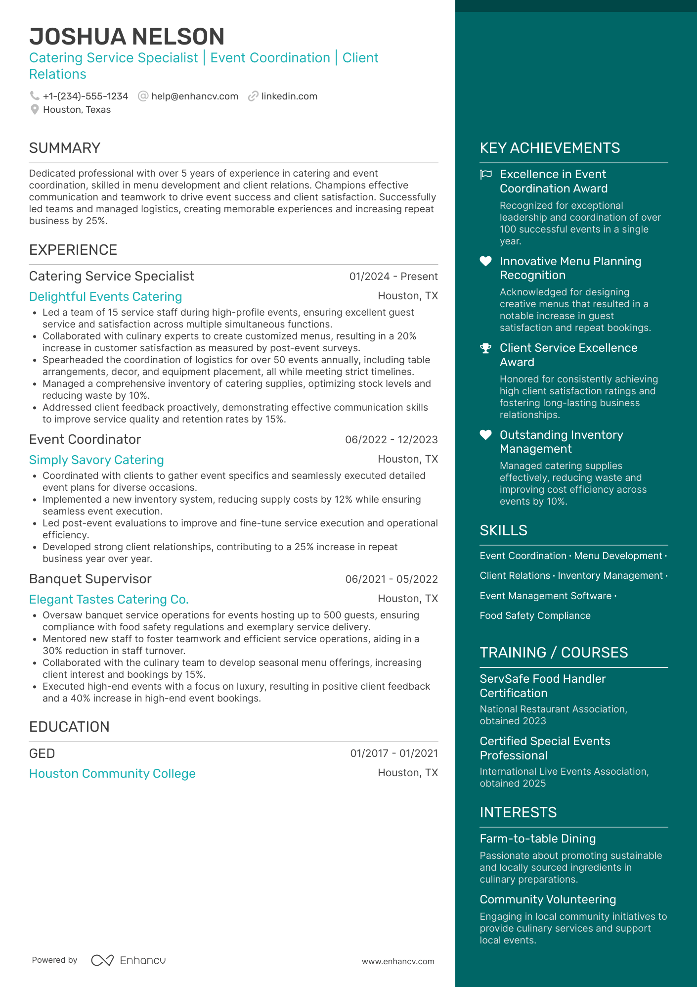 A resume example of a Catering Service Specialist