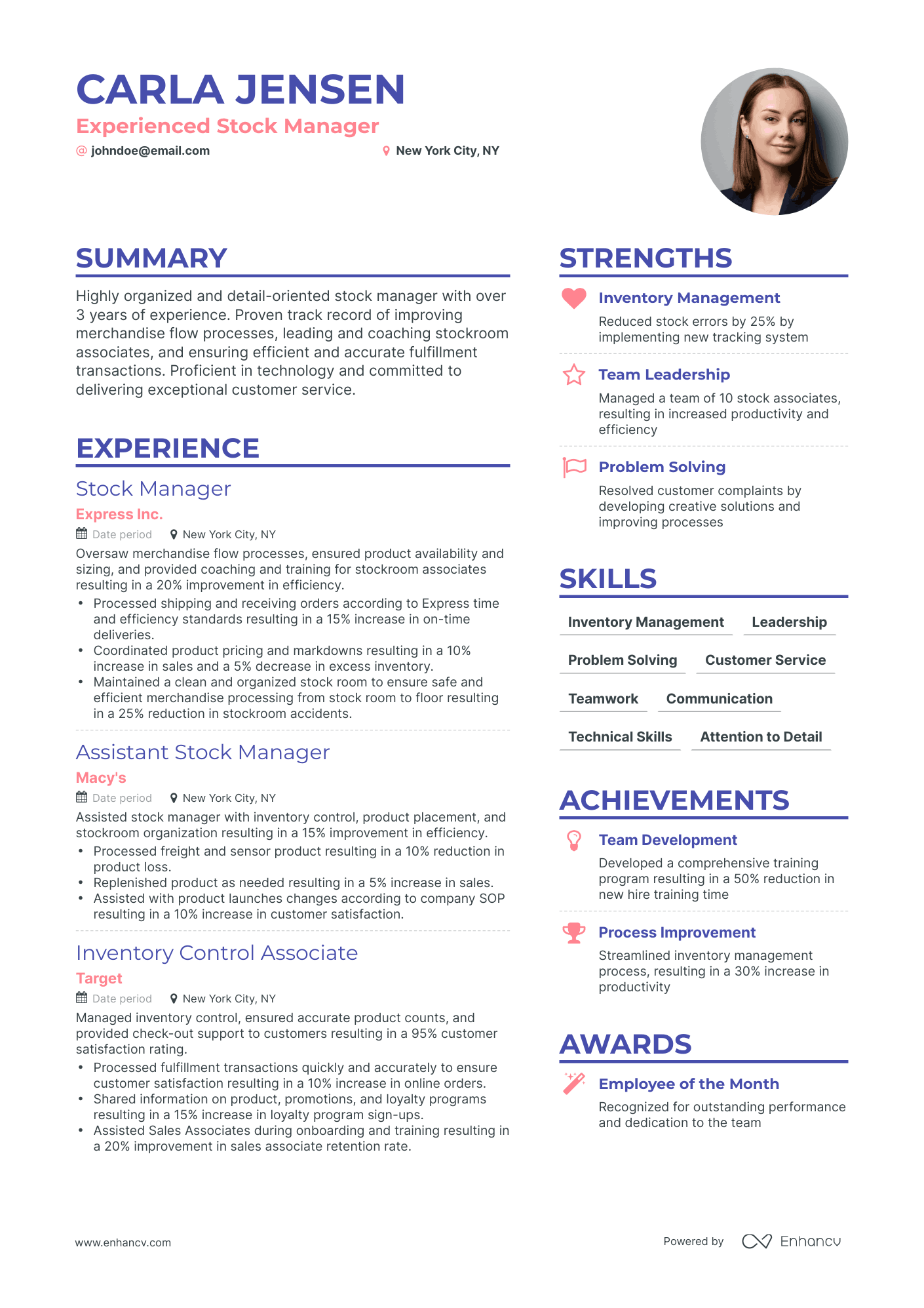 Simple Stock Manager Resume Template
