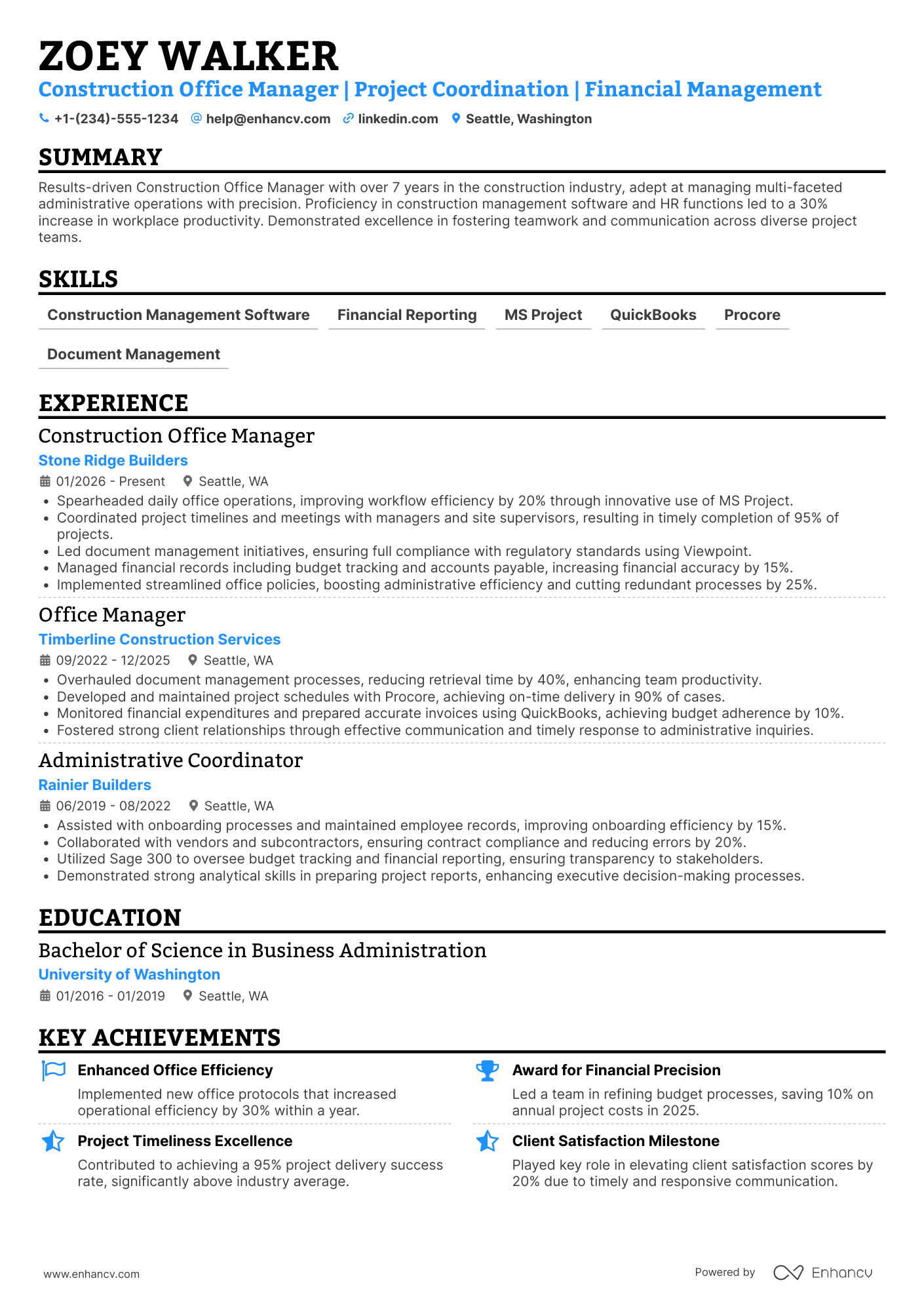A resume example of a Construction Office Manager