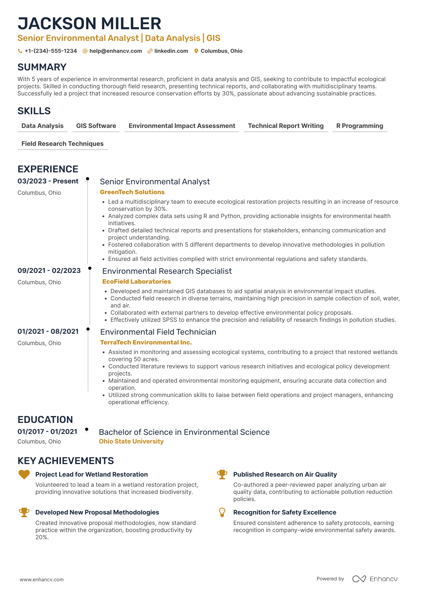 A resume example of a Environmental Research Assistant