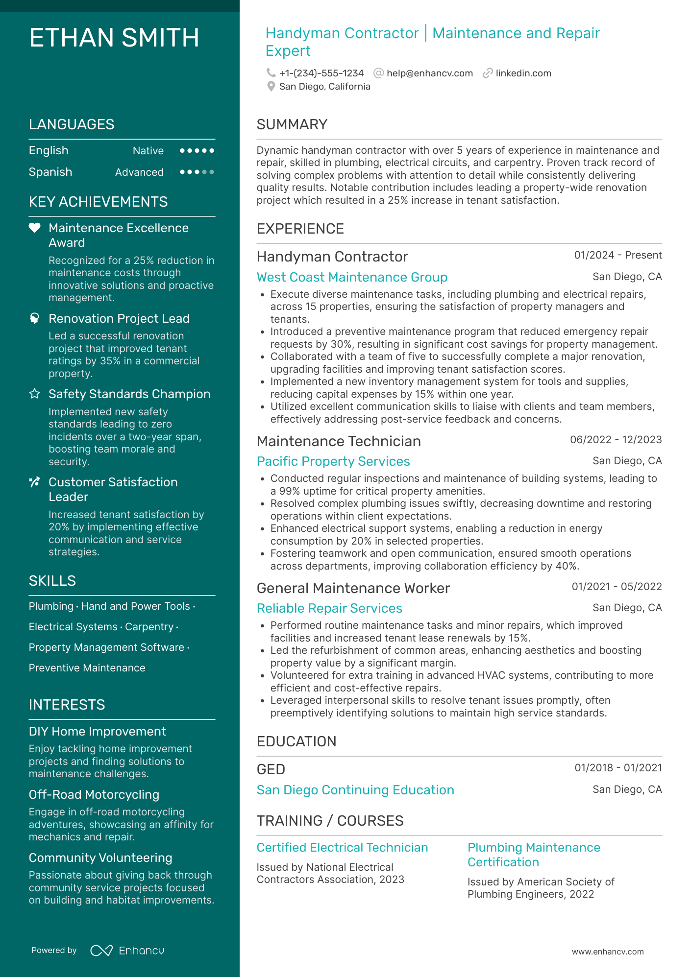 A resume example of a Handyman Contractor