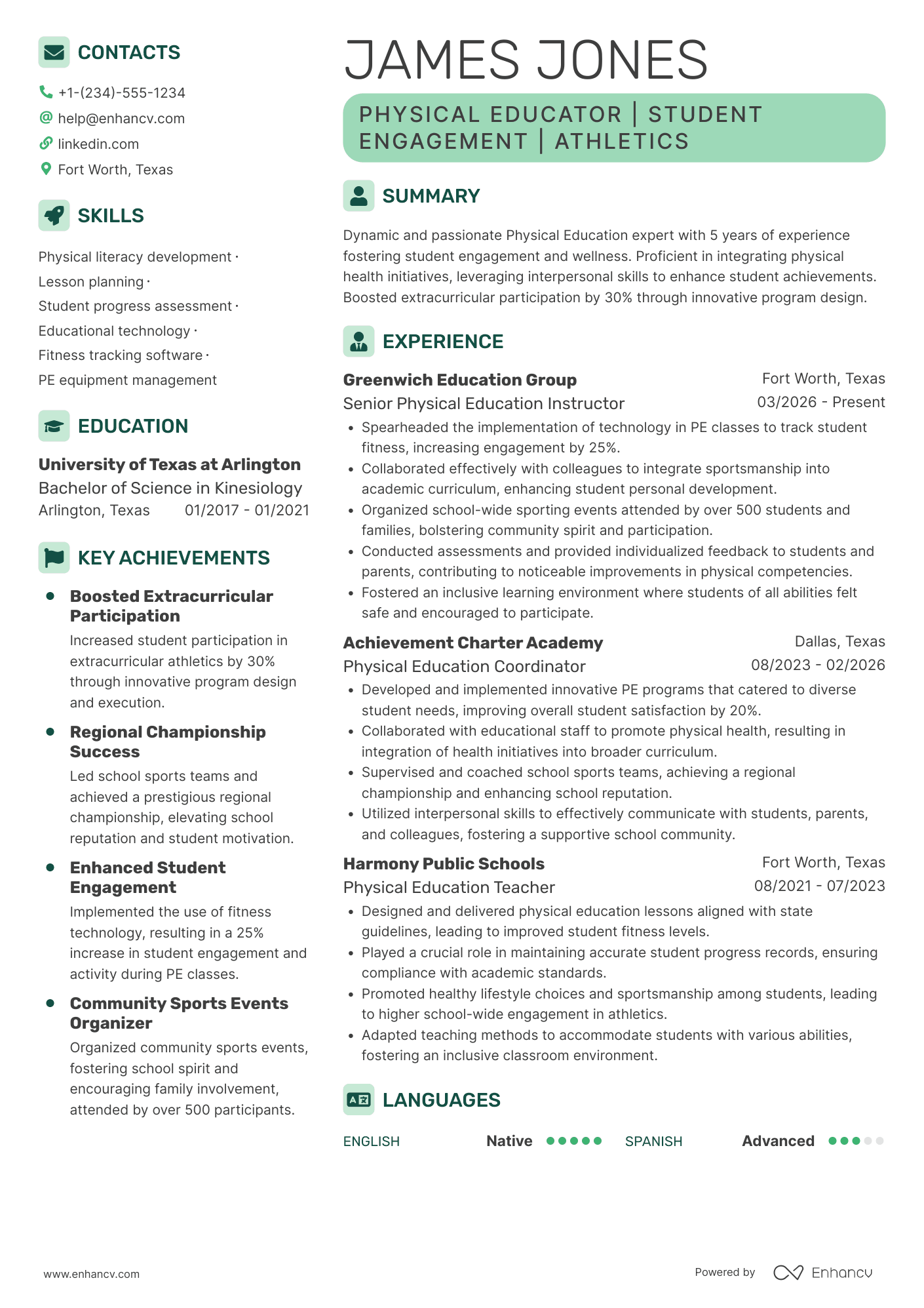 A resume example of a First Year Physical Education Teacher