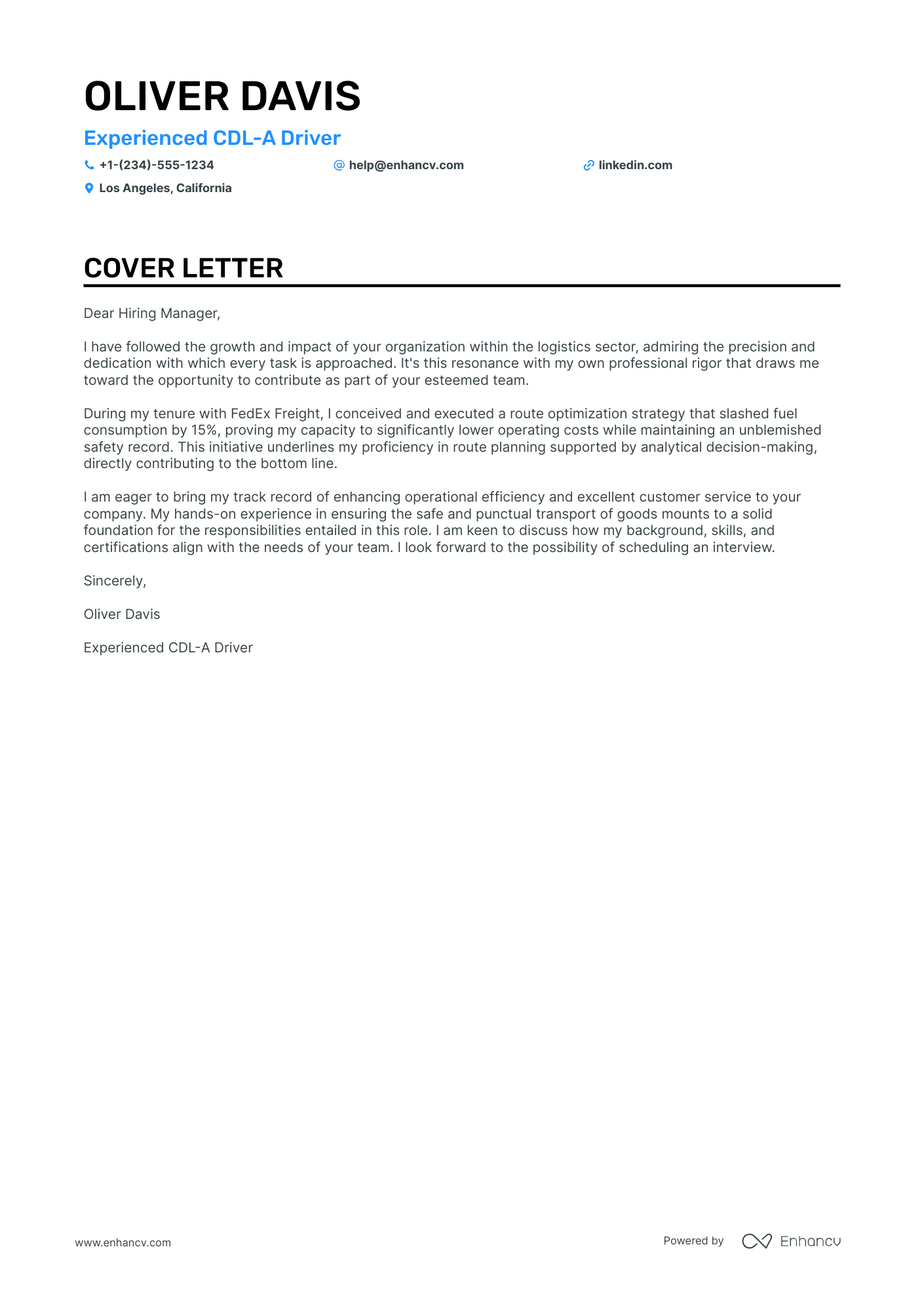 sample cover letters for truck drivers