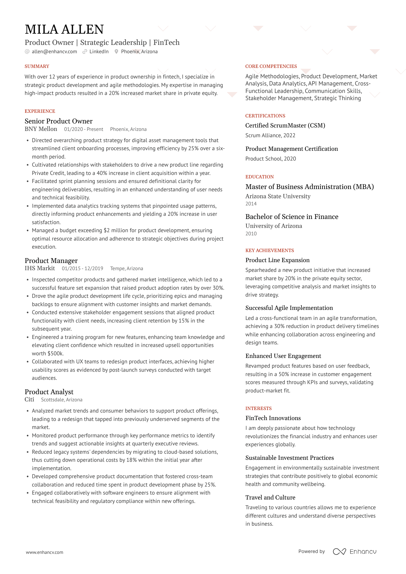 A resume example of a FinTech Product Owner