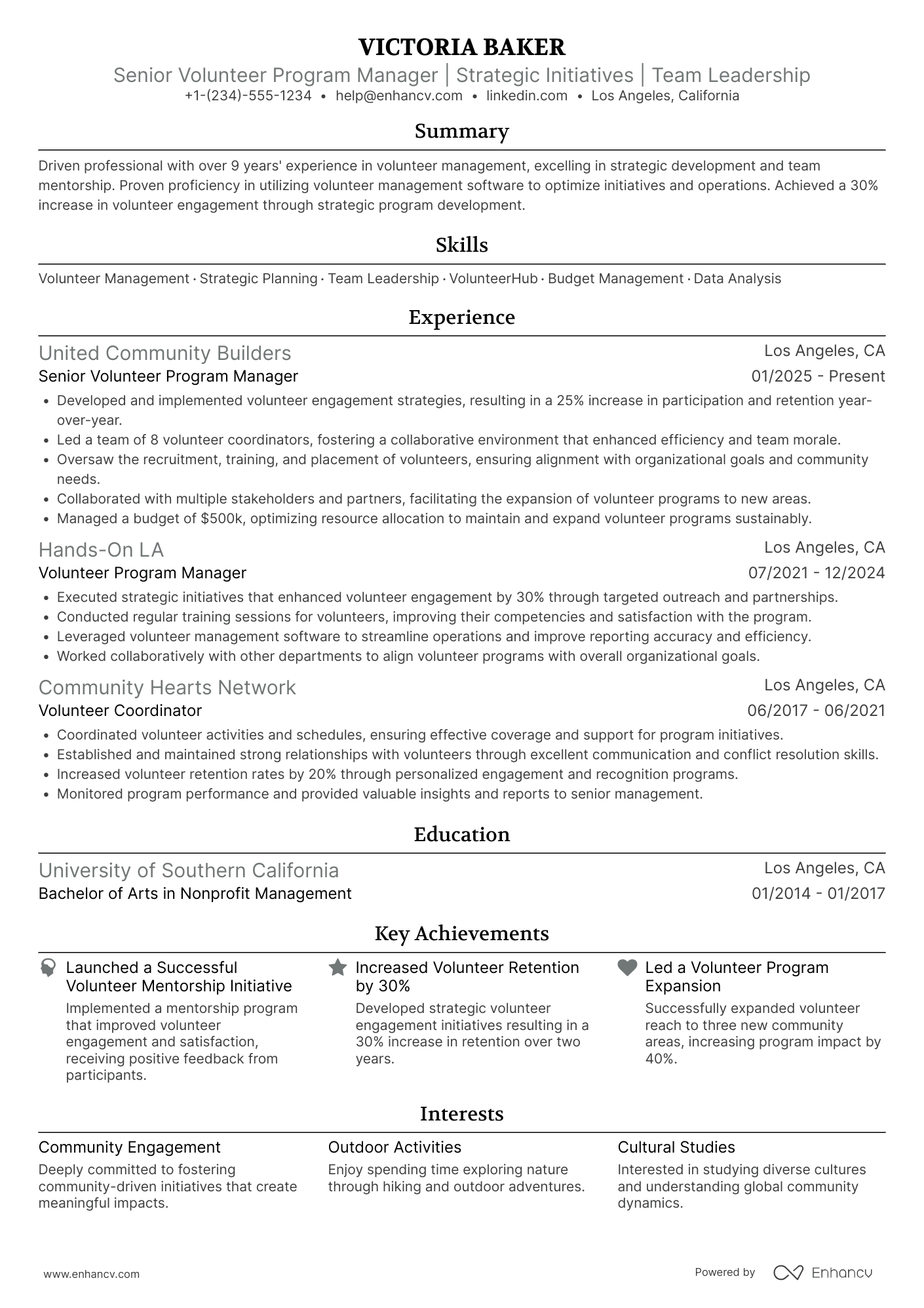 A resume example of a Senior Volunteer Program Manager