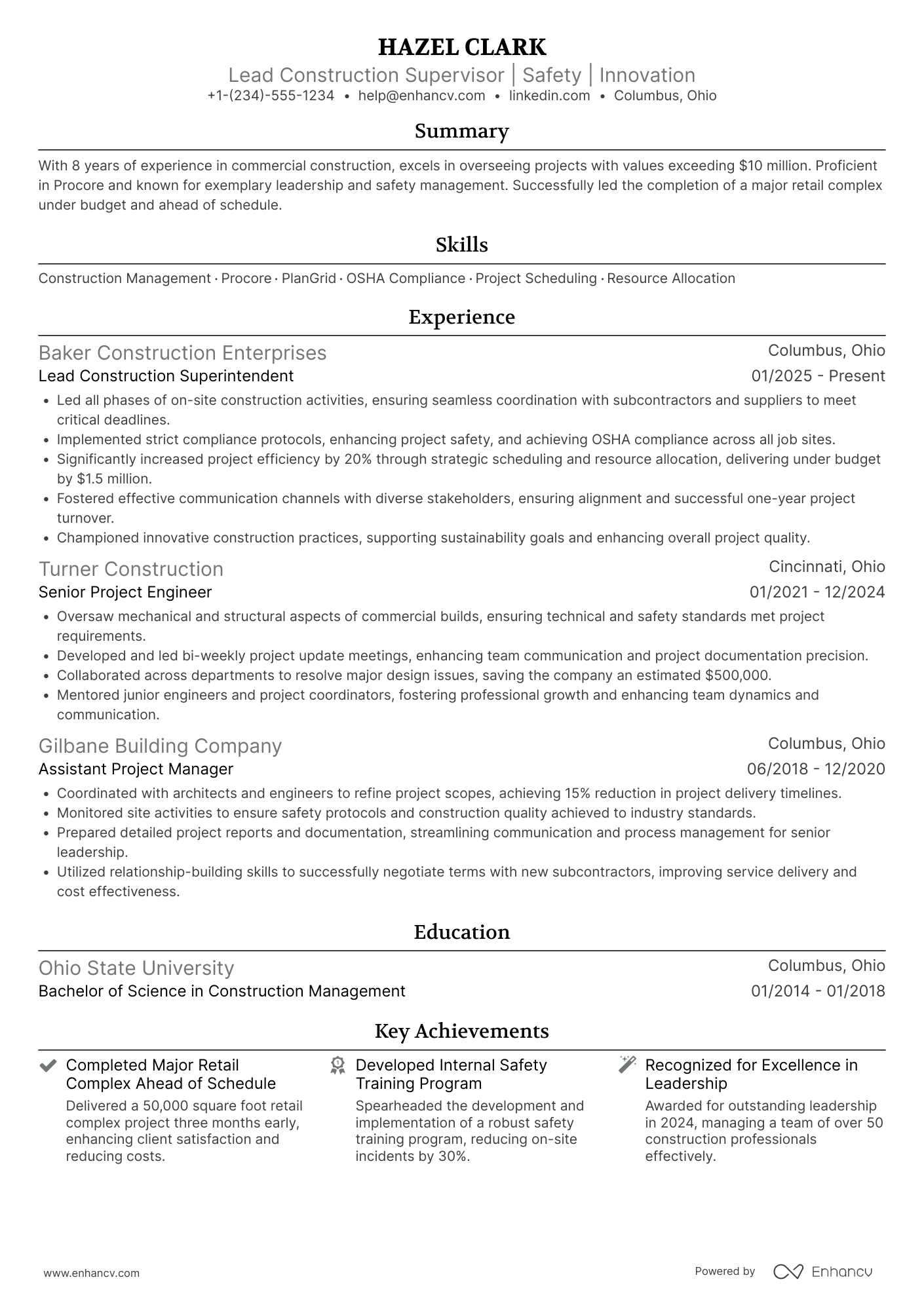 A resume example of a Lead Construction Superintendent