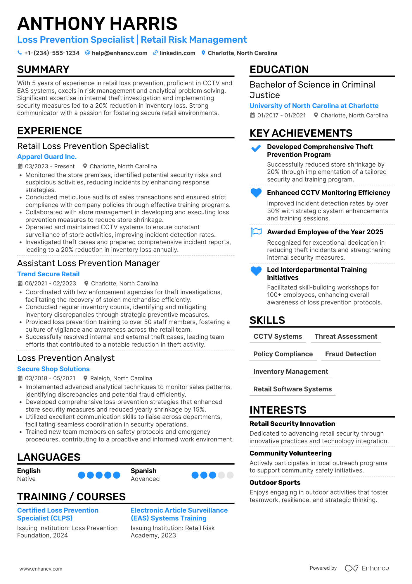 A resume example of a Retail Loss Prevention Specialist