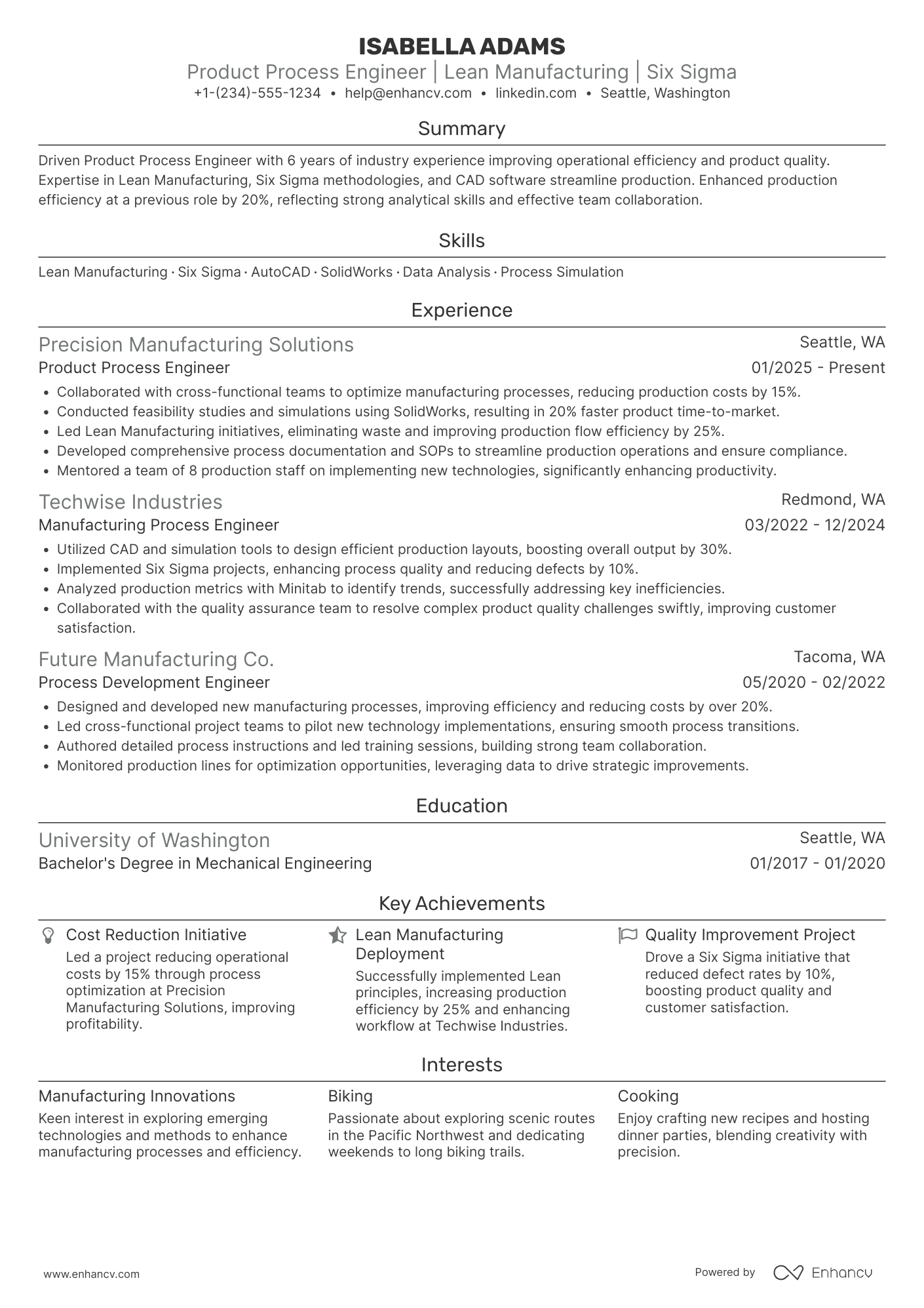 A resume example of a Product Process Engineer