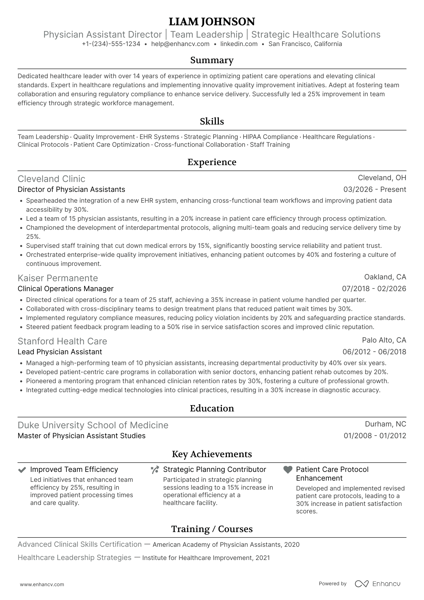 A resume example of a Physician Assistant Director