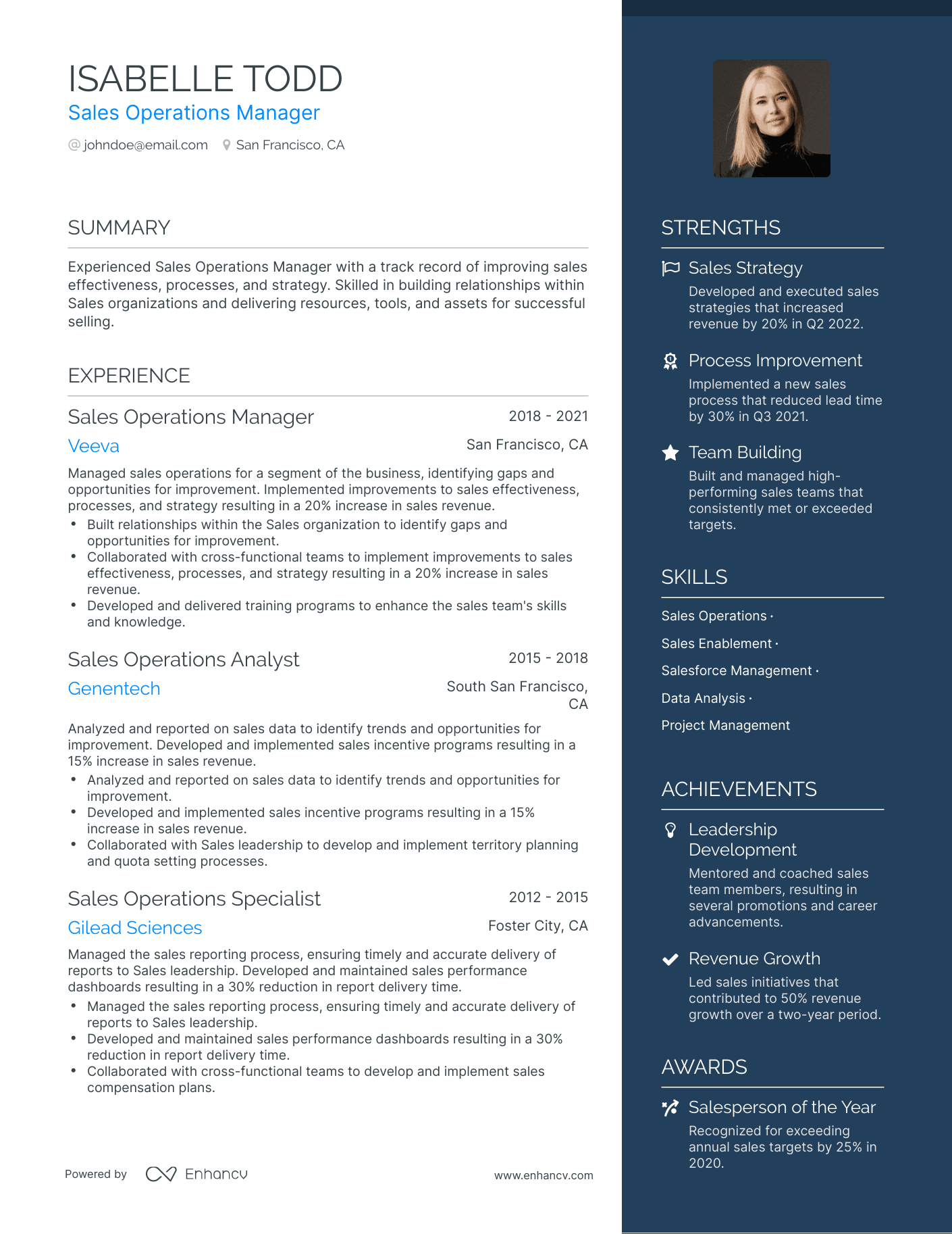 One Page Sales Operations Manager Resume Template