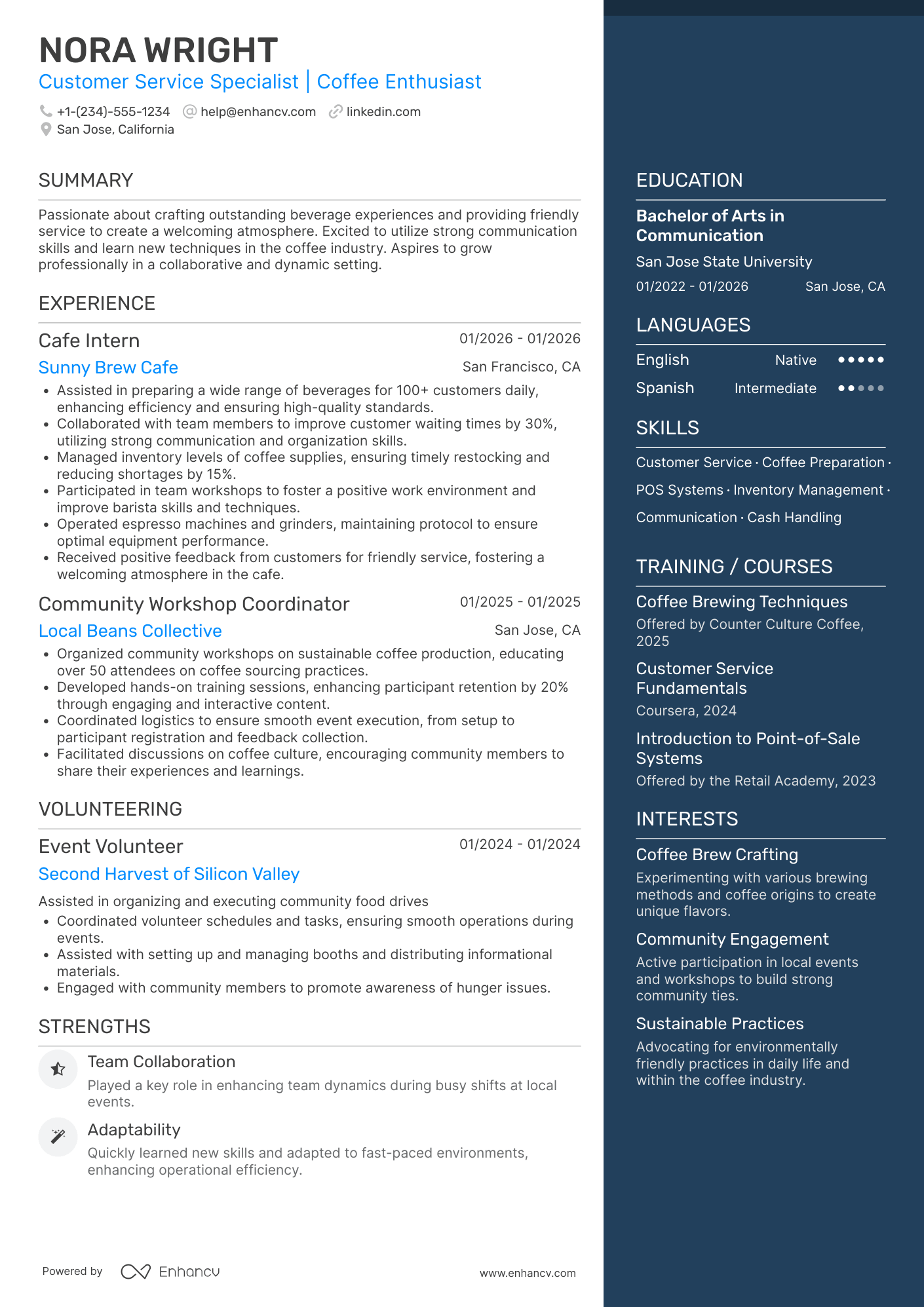 A resume example of a Entry Level Barista