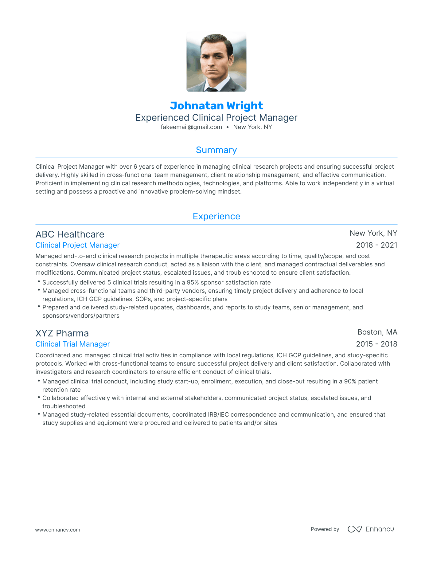 Traditional Clinical Project Manager Resume Template