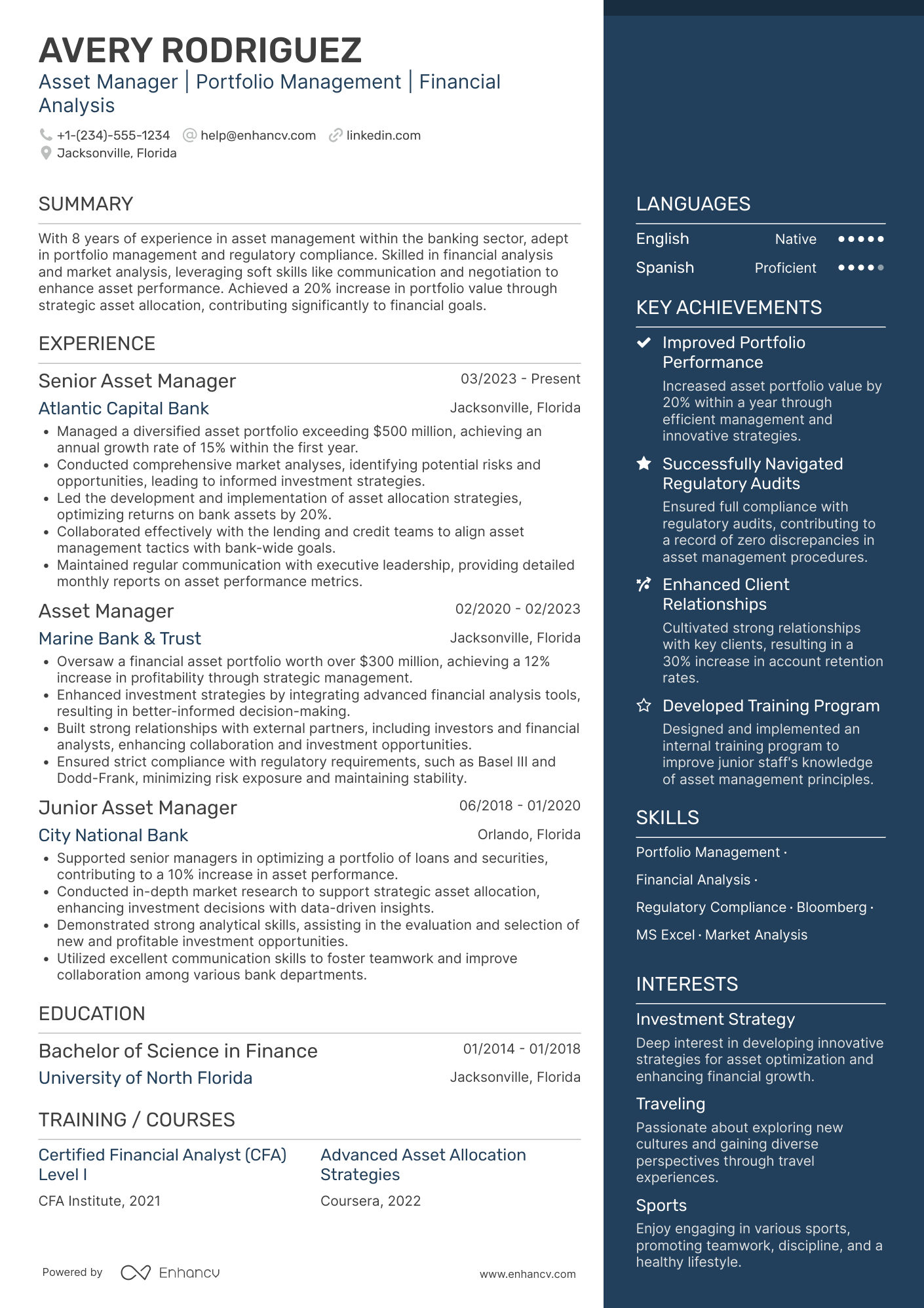 A resume example of a Bank Asset Manager