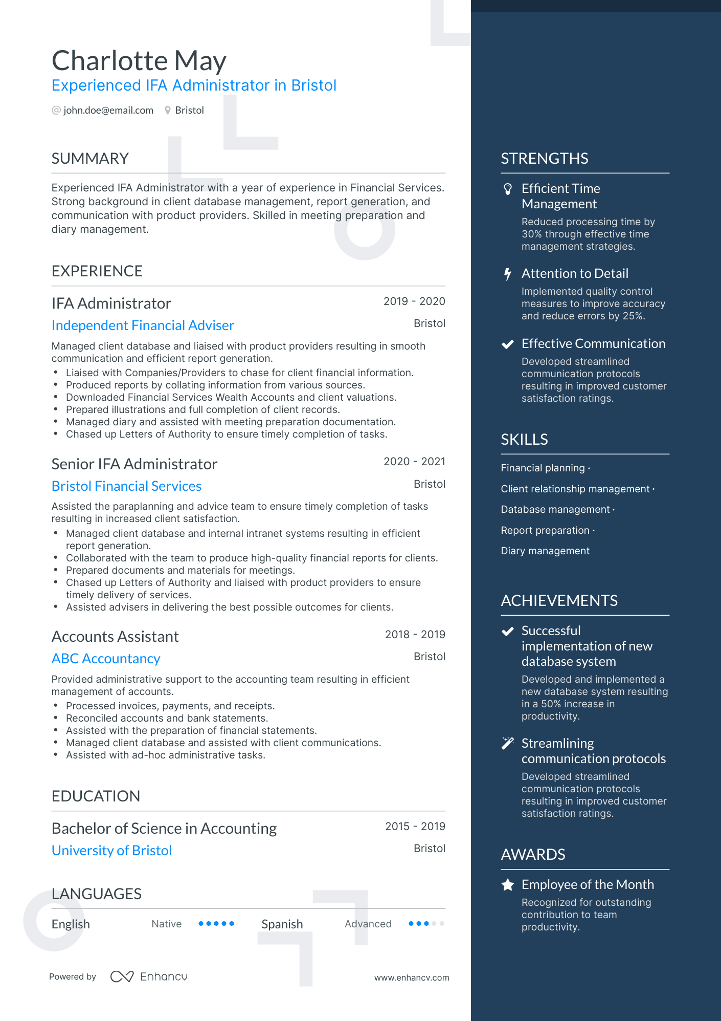 One Page Financial Administrator Resume Template