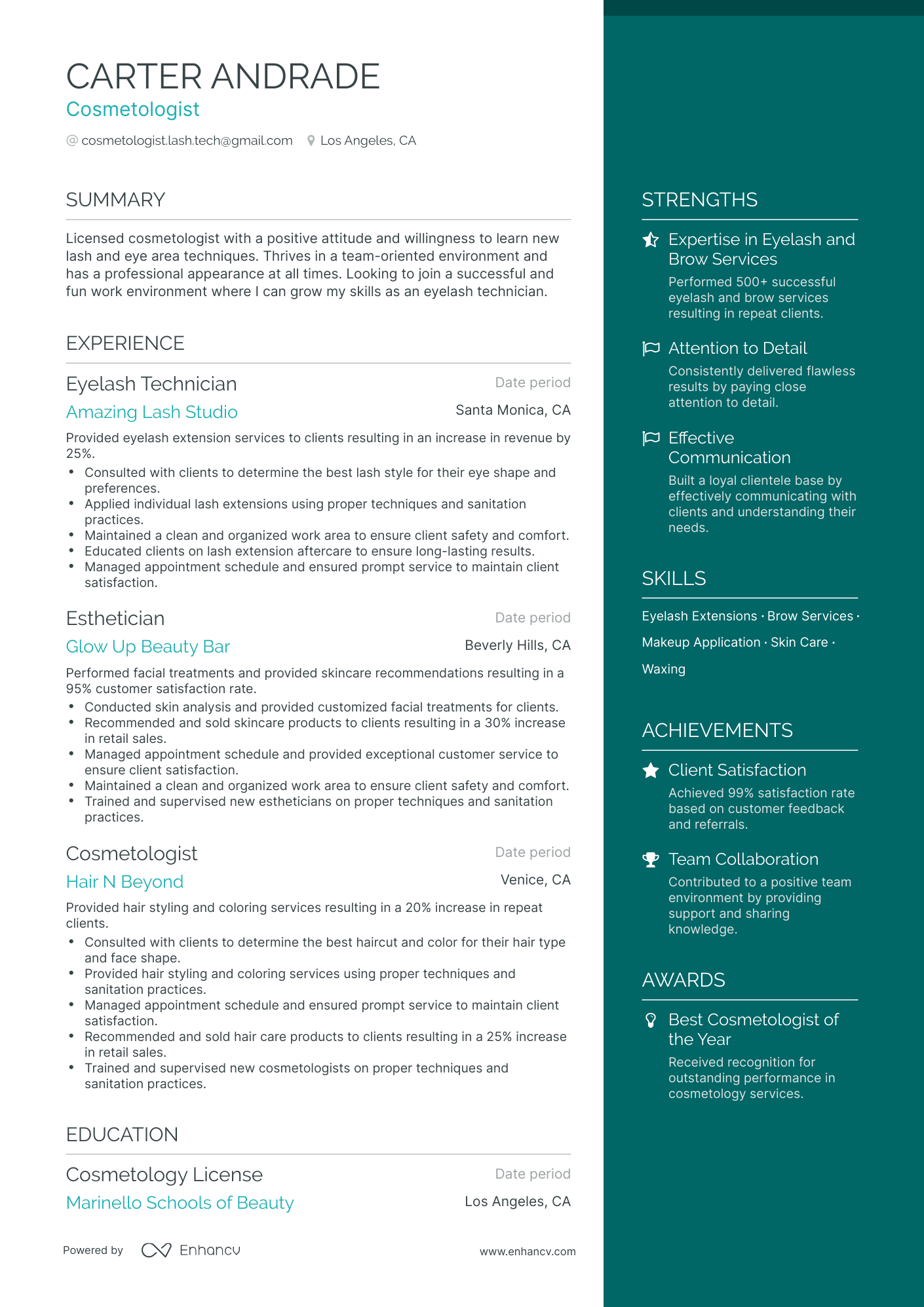 One Page Cosmetologist Resume Template